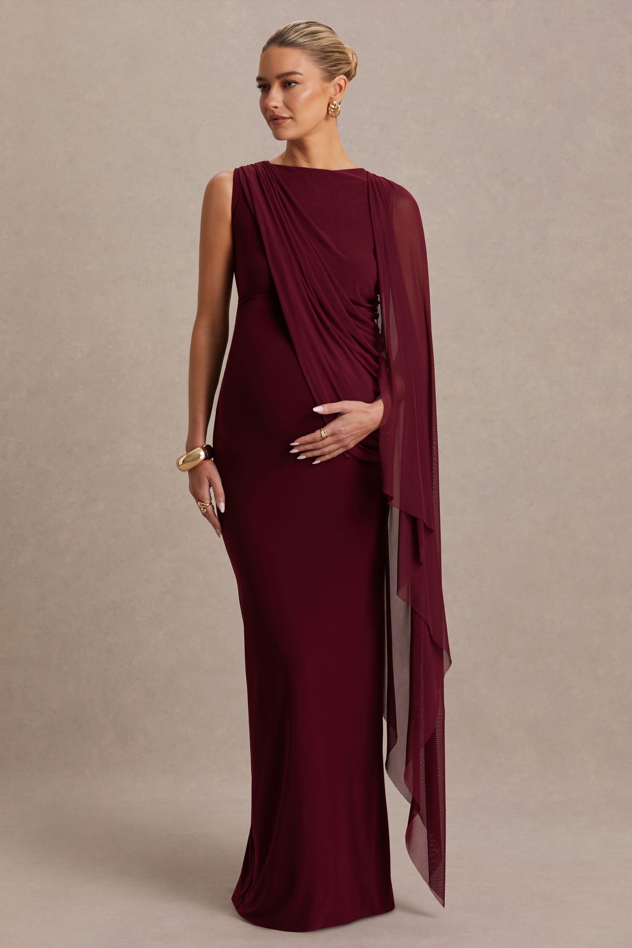Cristina | Burgundy Slashed-Neck Maternity Maxi Dress With Cape-Sleeve