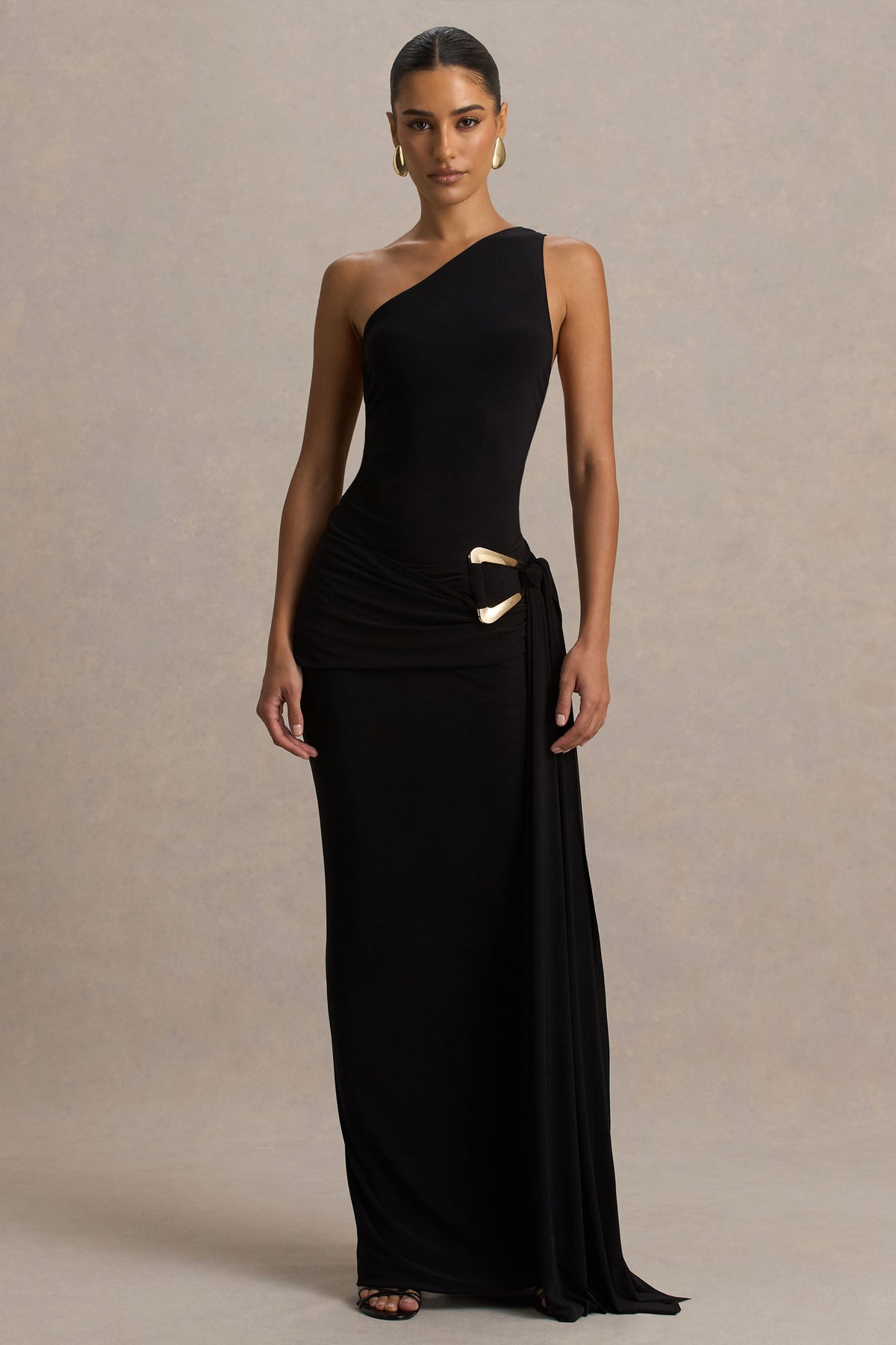 Bonnie | Black Asymmetric-Neck Maxi Dress With Open-Back