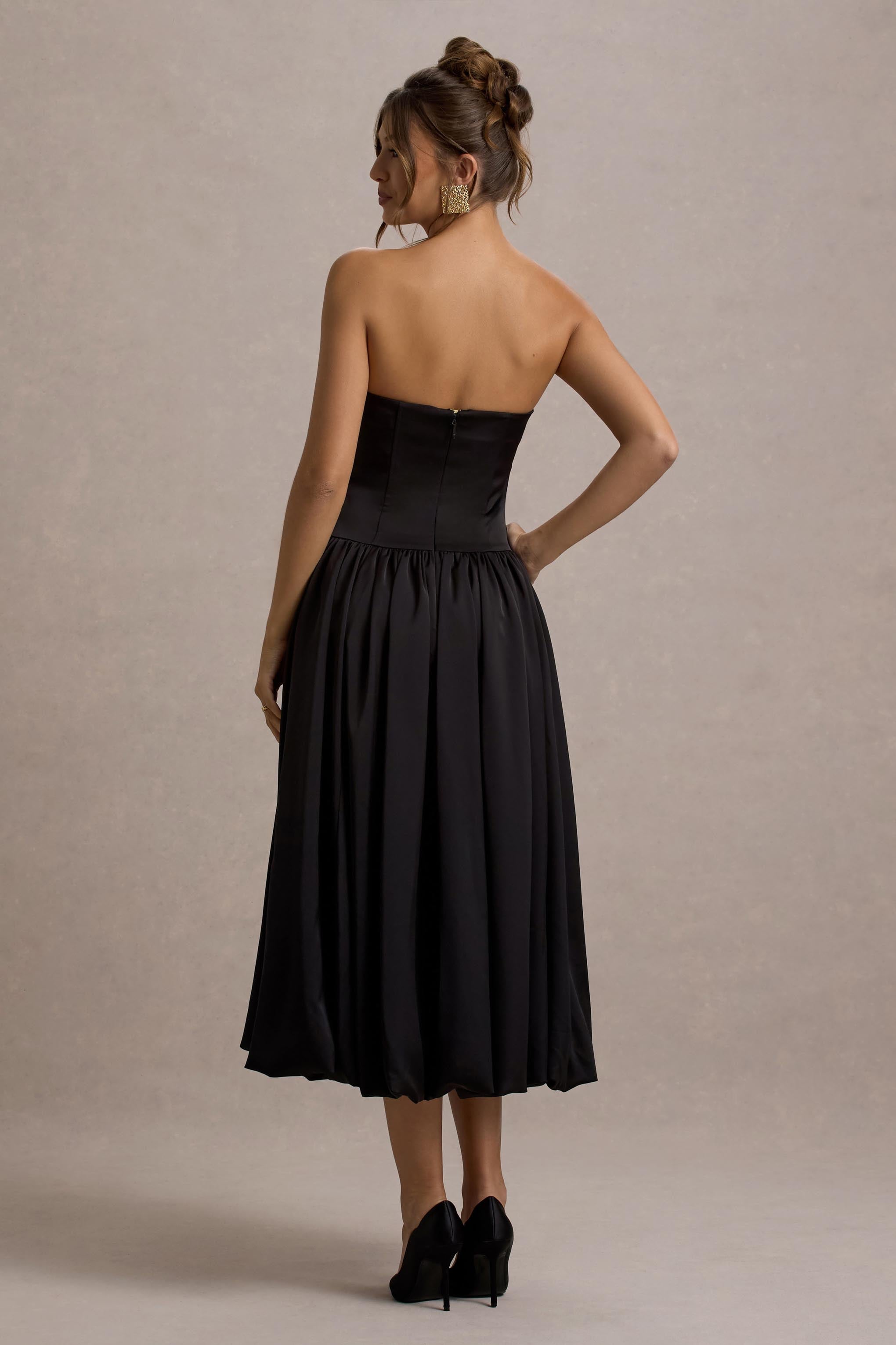 Keyton | Black Satin Bandeau Midi Dress