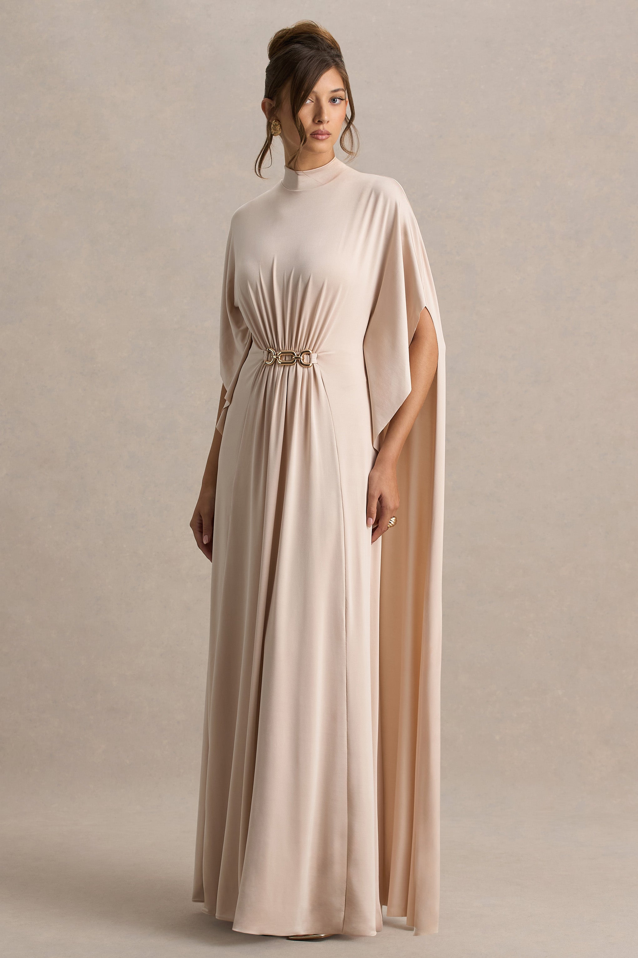 Olessia | Champagne Belted Gathered Cape-Sleeve Maxi Dress