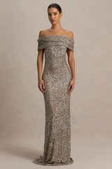 Melina | Champagne Sequin Bardot-Neck Maxi Dress