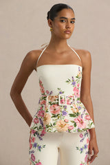 Maud | White Floral Border Print Square-Neck Tailored Top