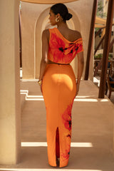 Clara | Orange And Red Placement Floral Print Maxi Skirt