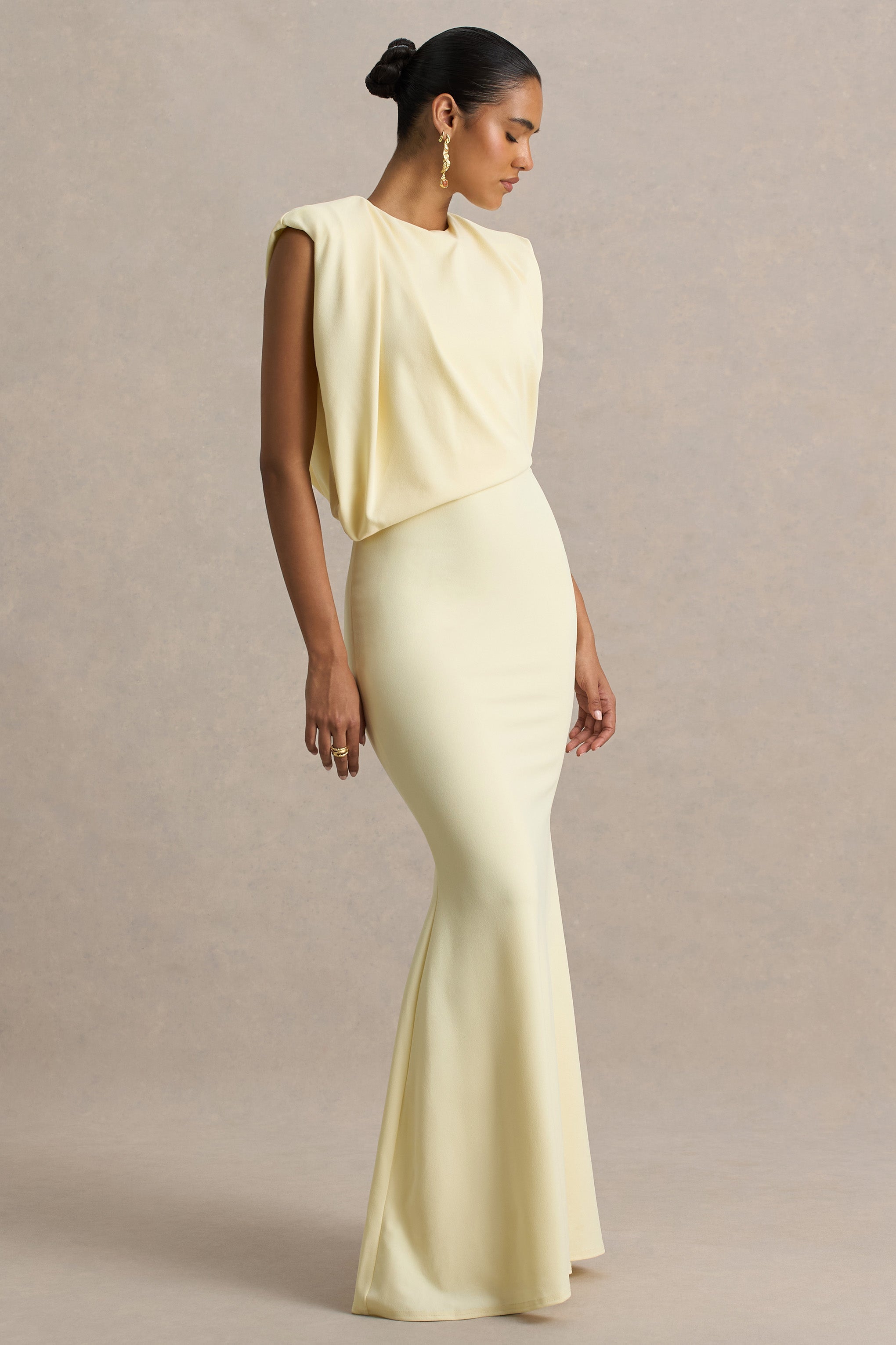 Meave | Lemon Boat-Neck Maxi Dress With Draped Detail