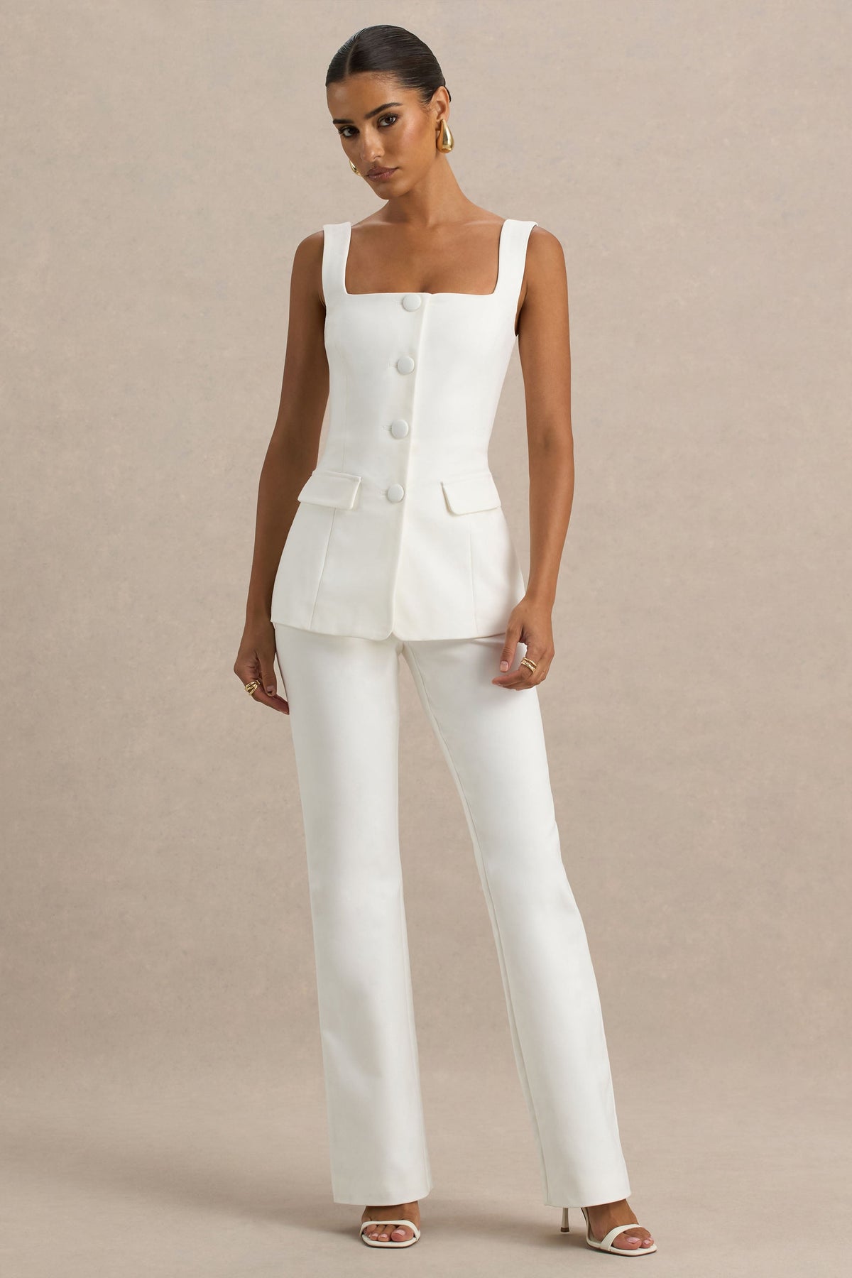 Aceline | White Square-Neck Tailored Jumpsuit