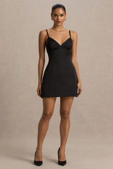 Elara | Black Satin Plunge-Neck Mini Dress