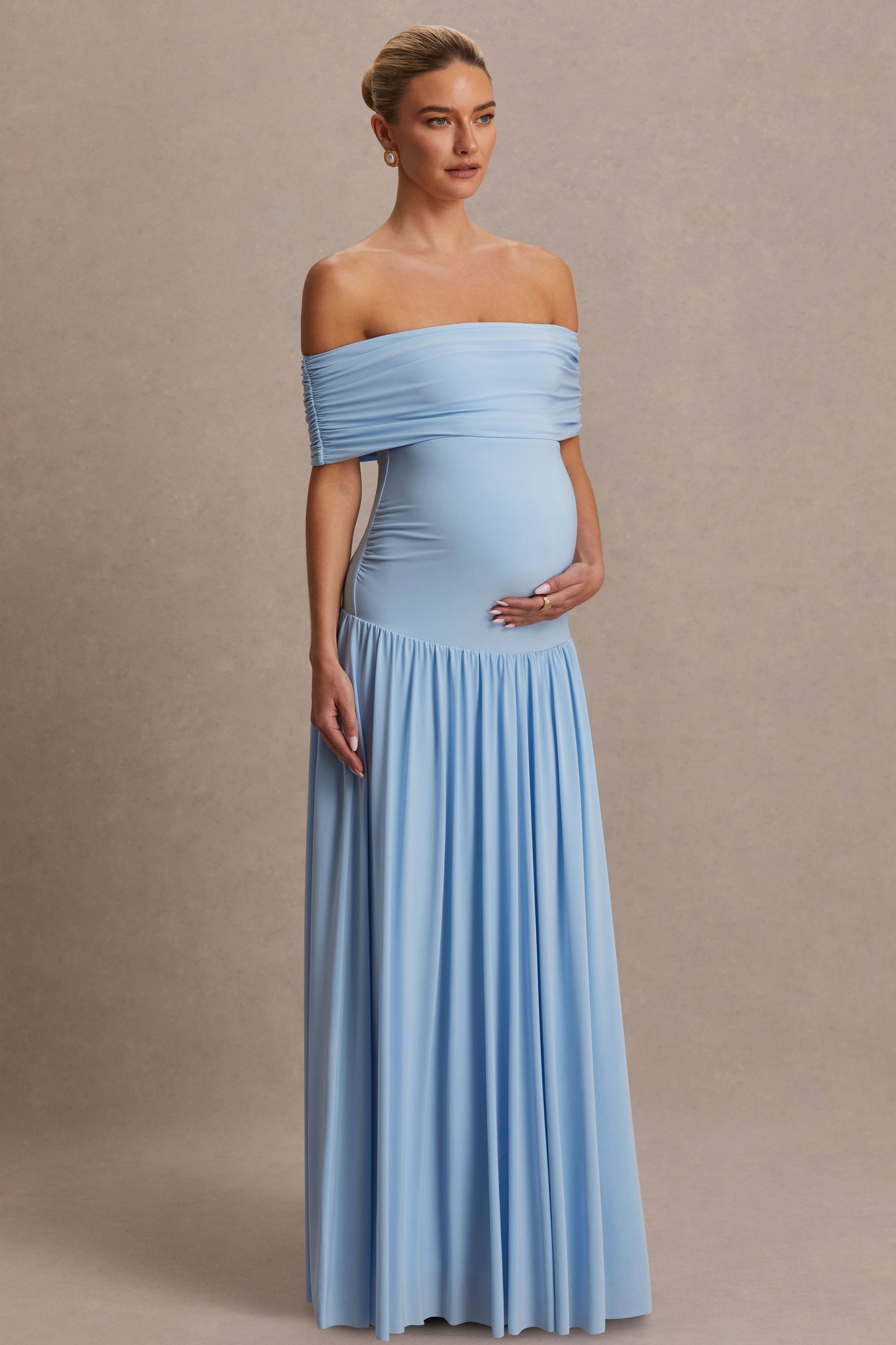 Juliette | Powder Blue Bardot-Neck Maternity Maxi Dress With Drop-Waist