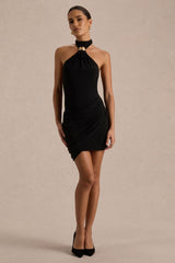 Briala | Black Halter-Neck Wrapped Mini Dress With Gold-Detail
