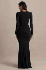 Saffie | Black Extreme-Plunge Wrap Maxi Dress With Long-Sleeves And Ruched Detailing