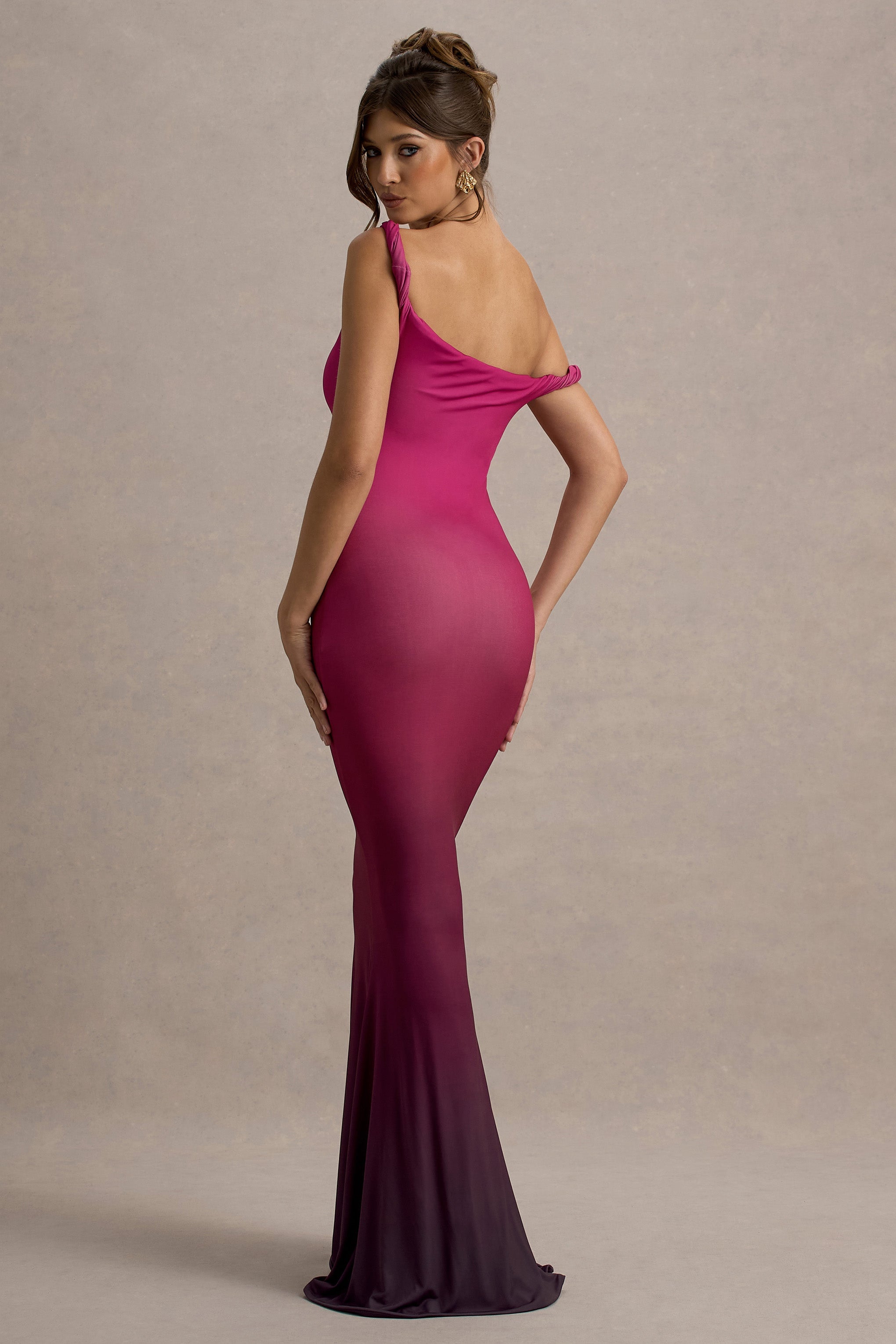 Exotic | Berry Ombre Twisted Asymmetric Maxi Dress