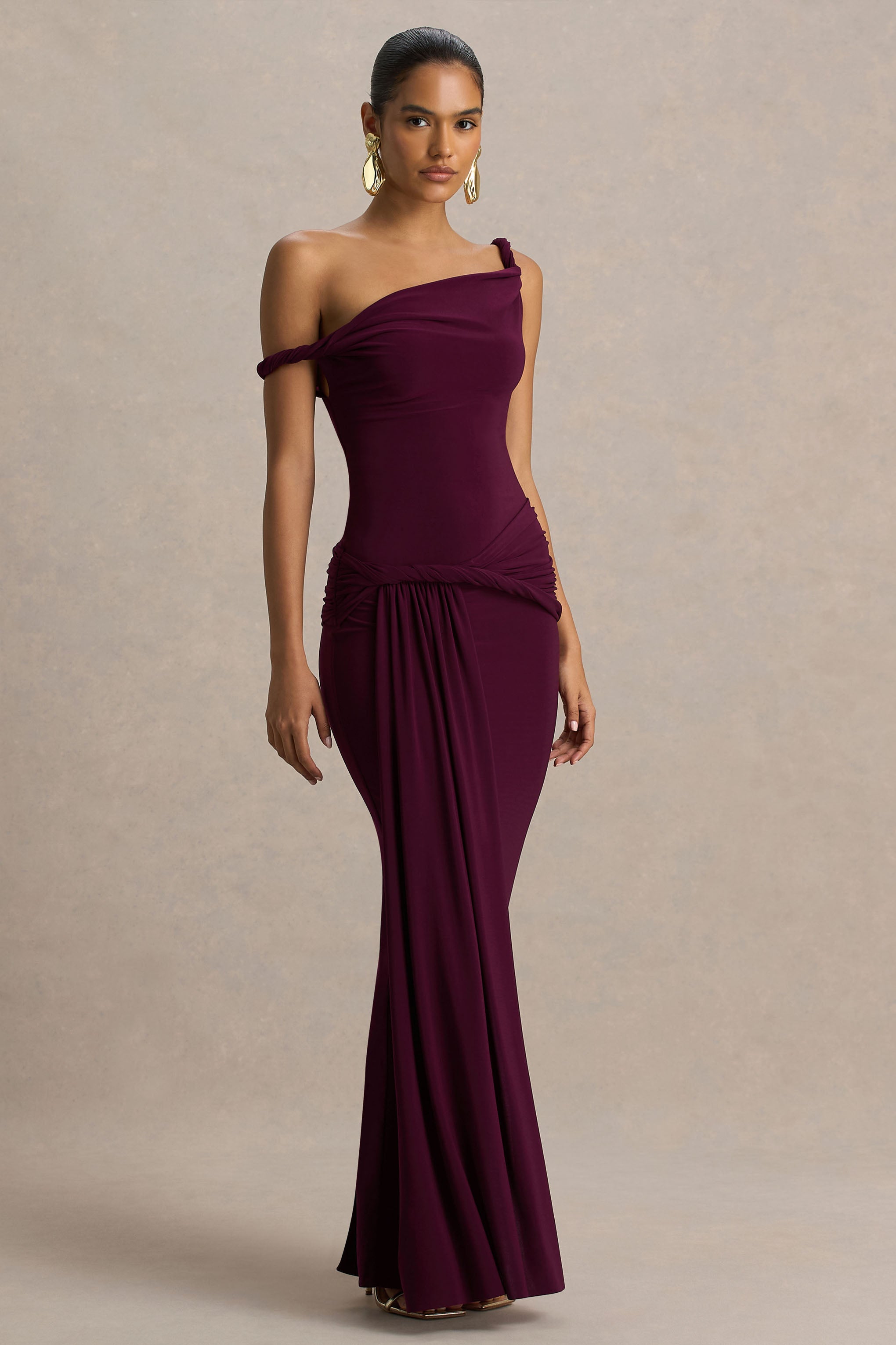 Tulisa | Burgundy Asymmetric-Neck Maxi Dress With Twist Sleeves And Ruched Detailing