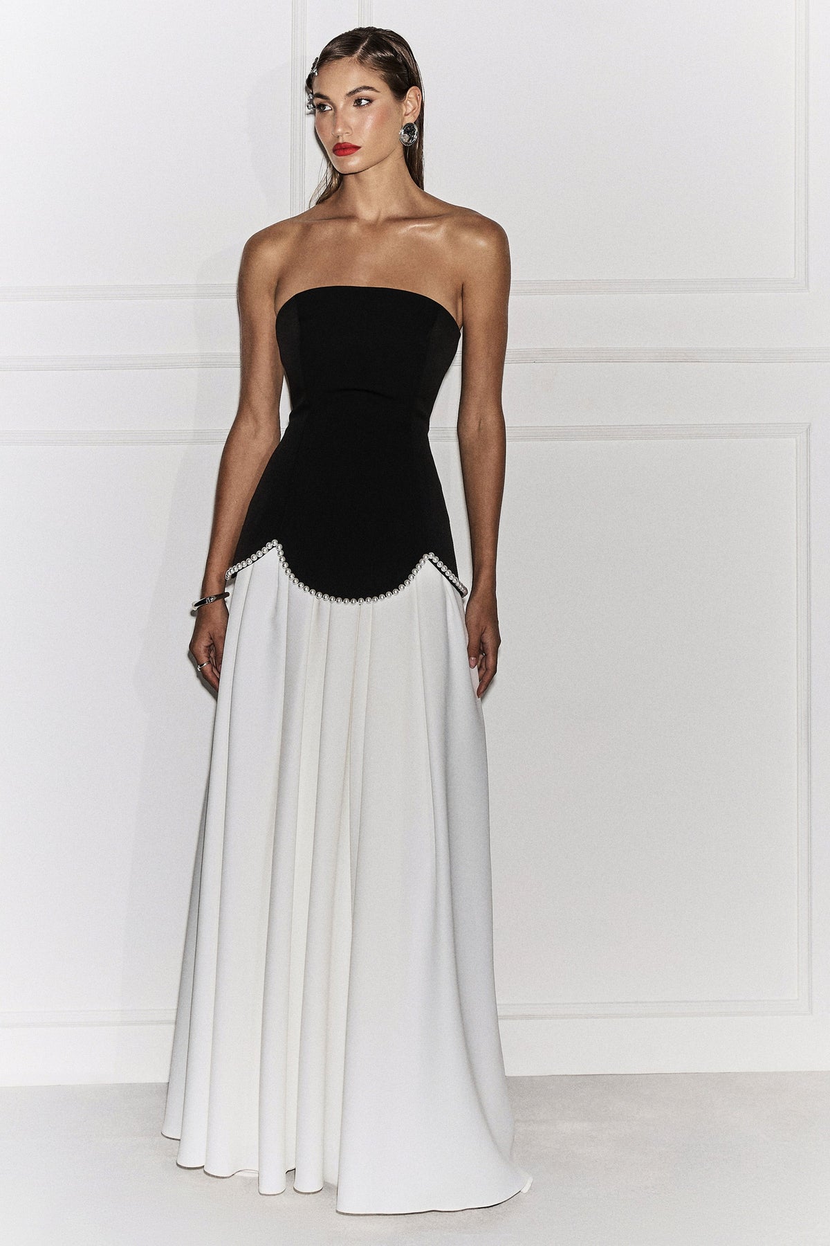 Wendy | Black And White Maxi Dress With Drop-Waist And Pearl Embellishment