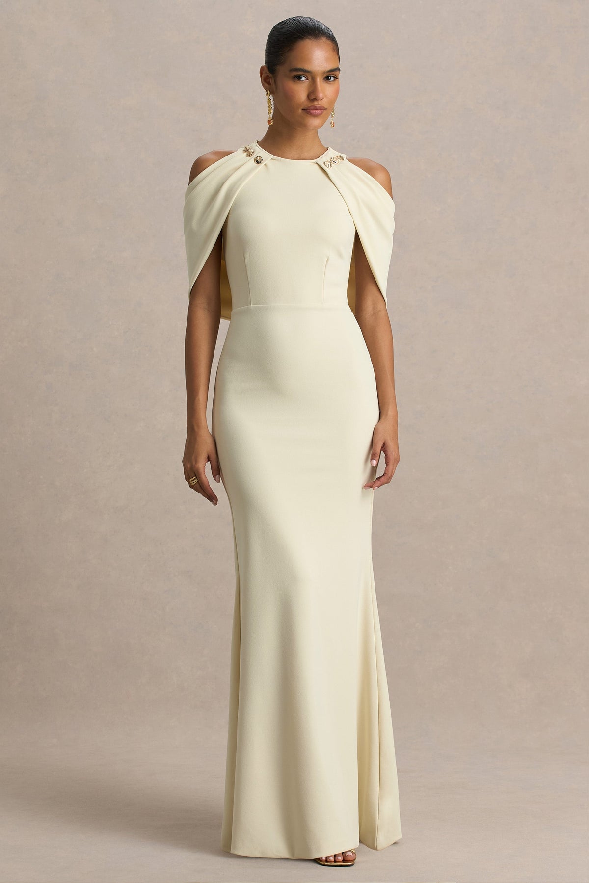 Yulia | Sand High-Neck Maxi Dress With Cape Sleeves