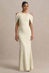 Yulia | Sand High-Neck Maxi Dress With Cape Sleeves