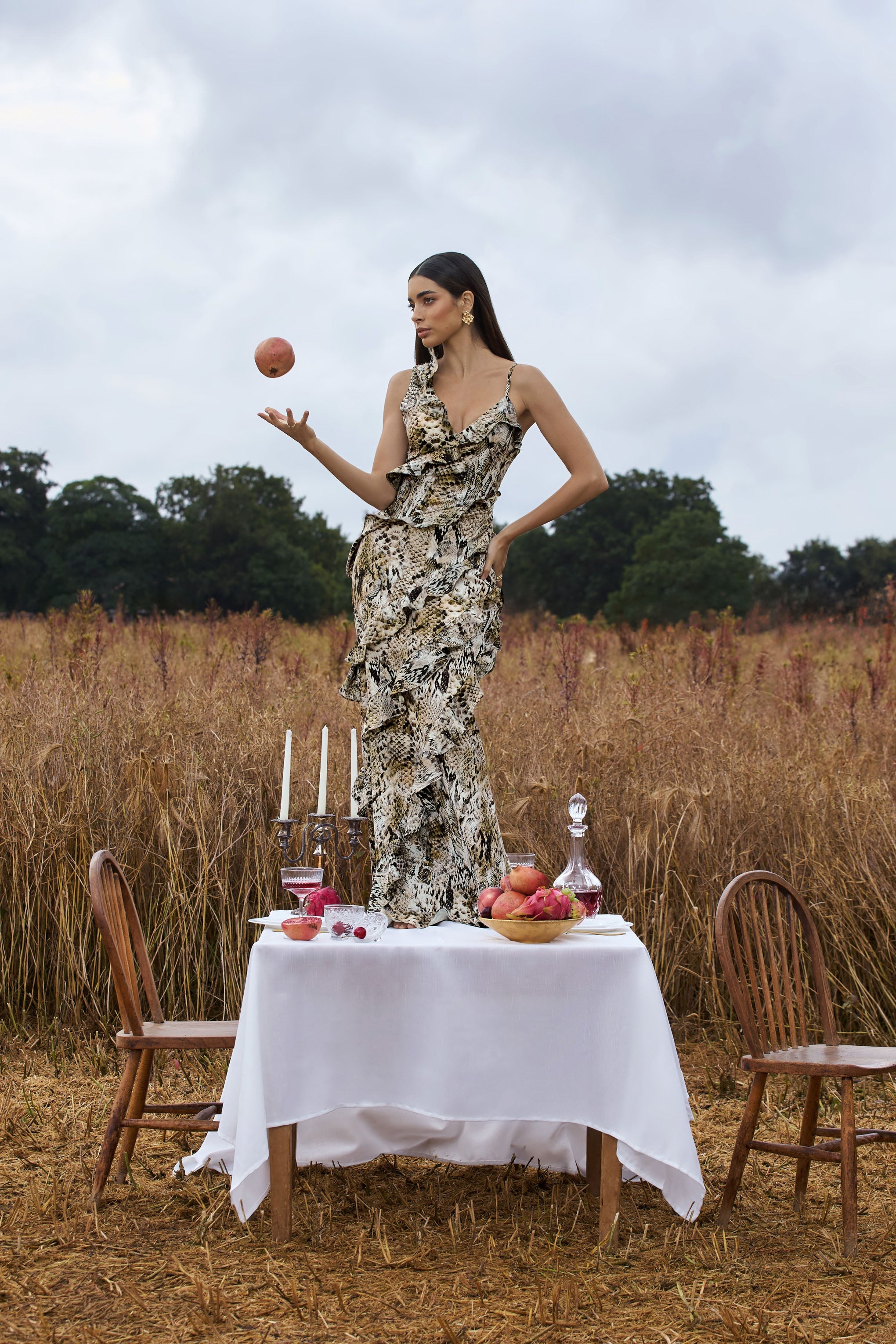 Wispy | Snake Print Plunge-Neck Ruffled Maxi Dress