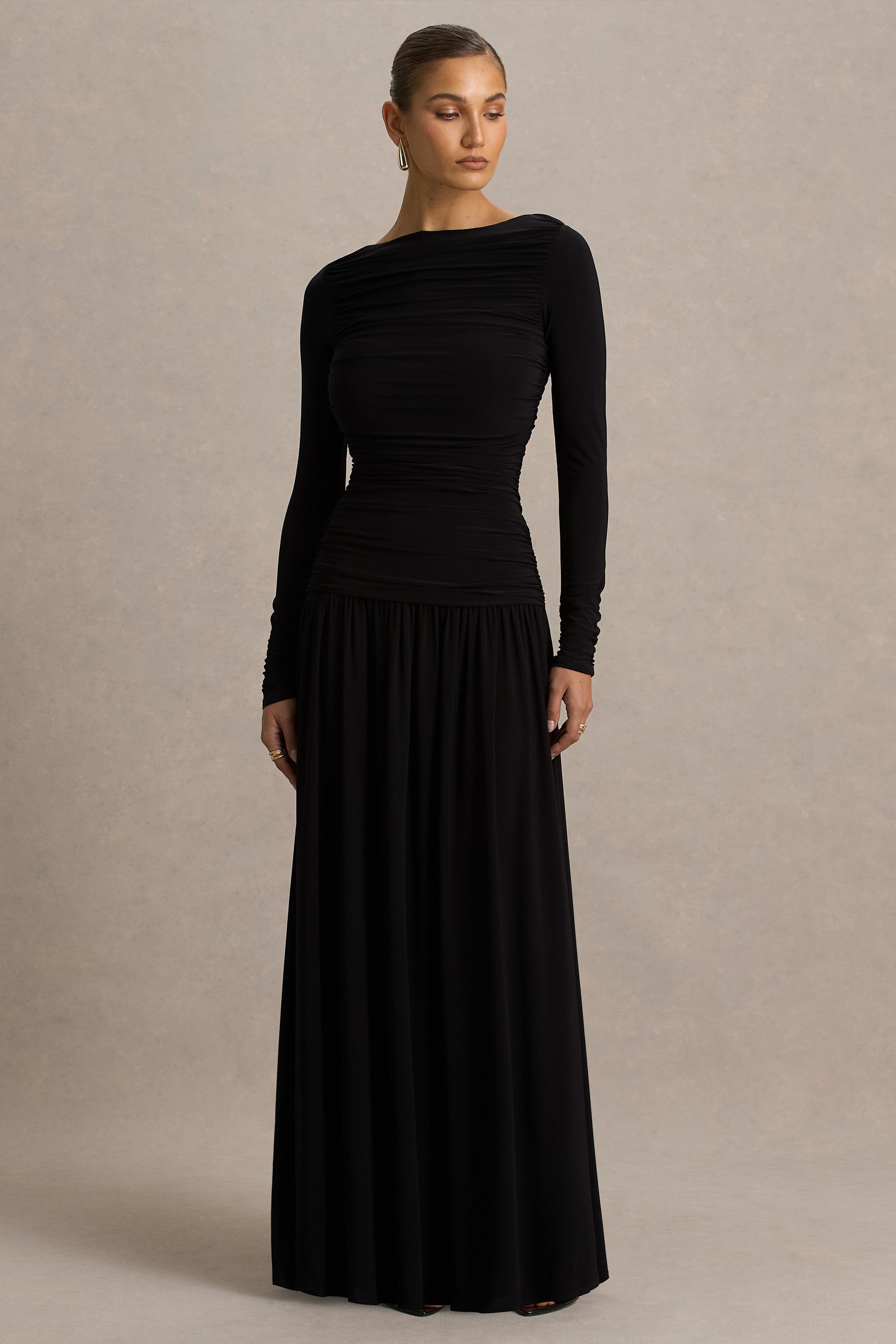 Aniyah | Black High-Neck Maxi Dress With Ruched Detailing
