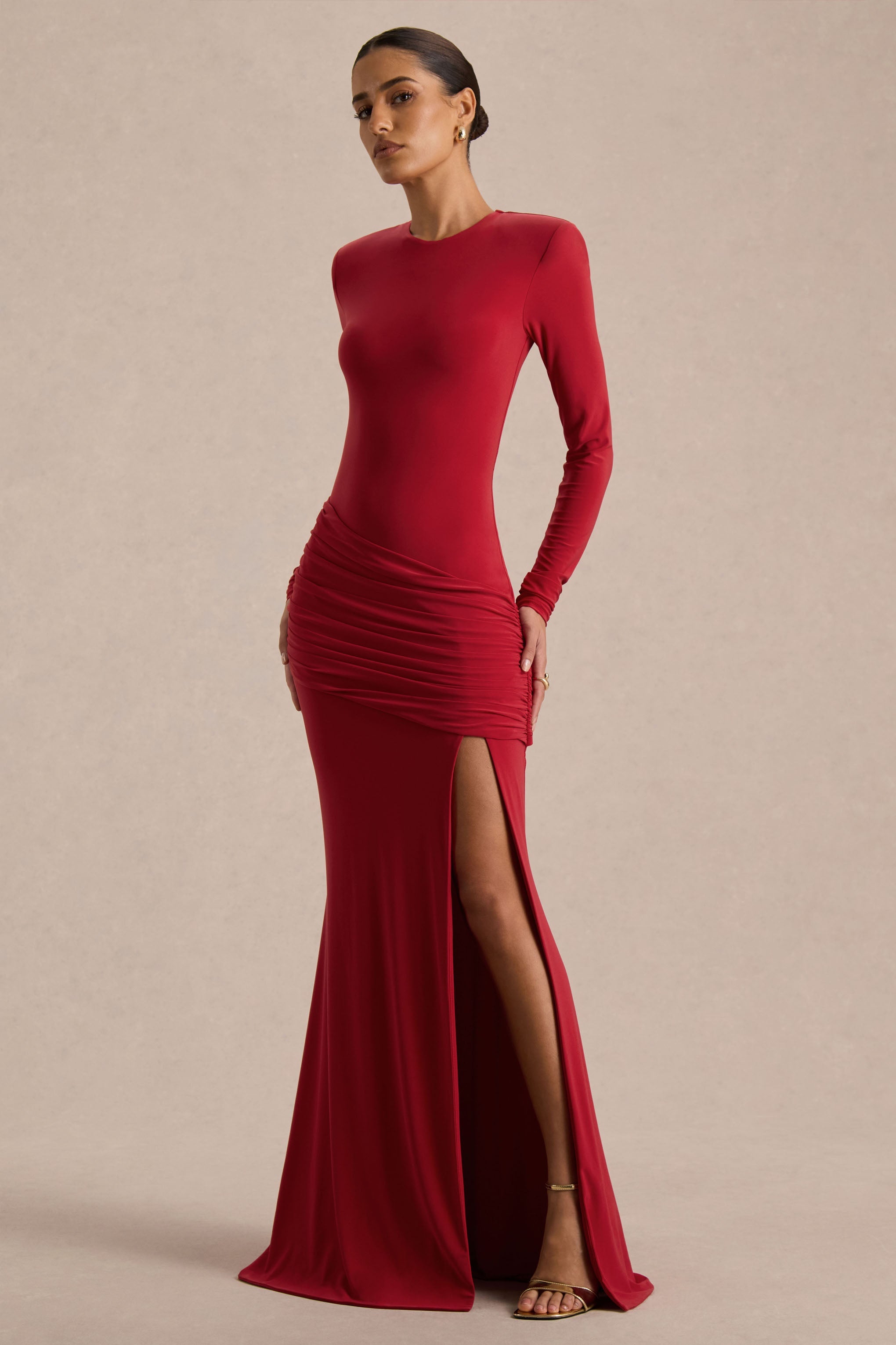 Liora | Red Crew-Neck Maxi Dress With Front-High Split