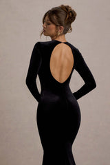 Keaton | Black Velvet Long-Sleeve Open-Back Maxi Dress