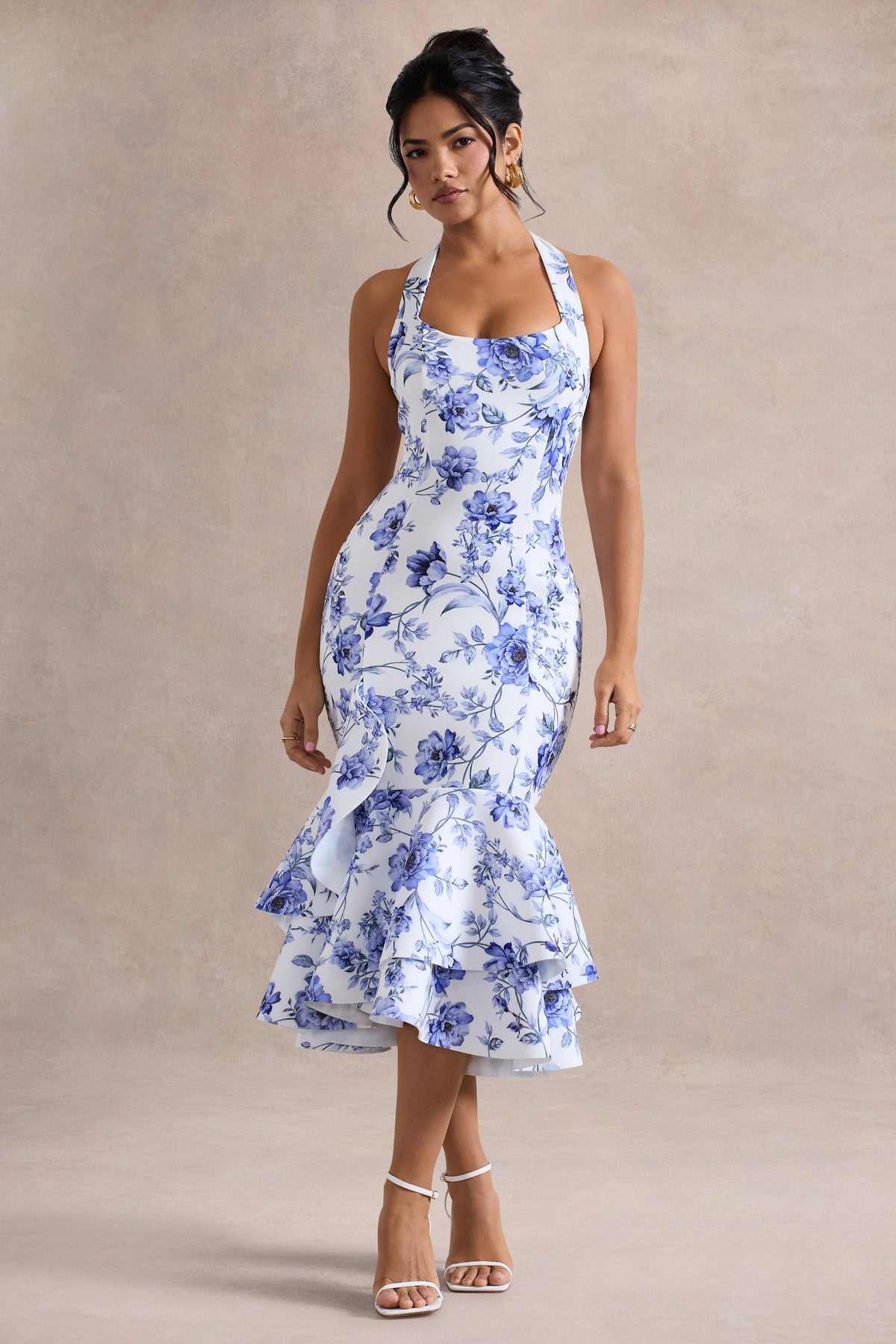 Arla | Blue Floral Halter-Neck Ruffle Trim Midi Dress