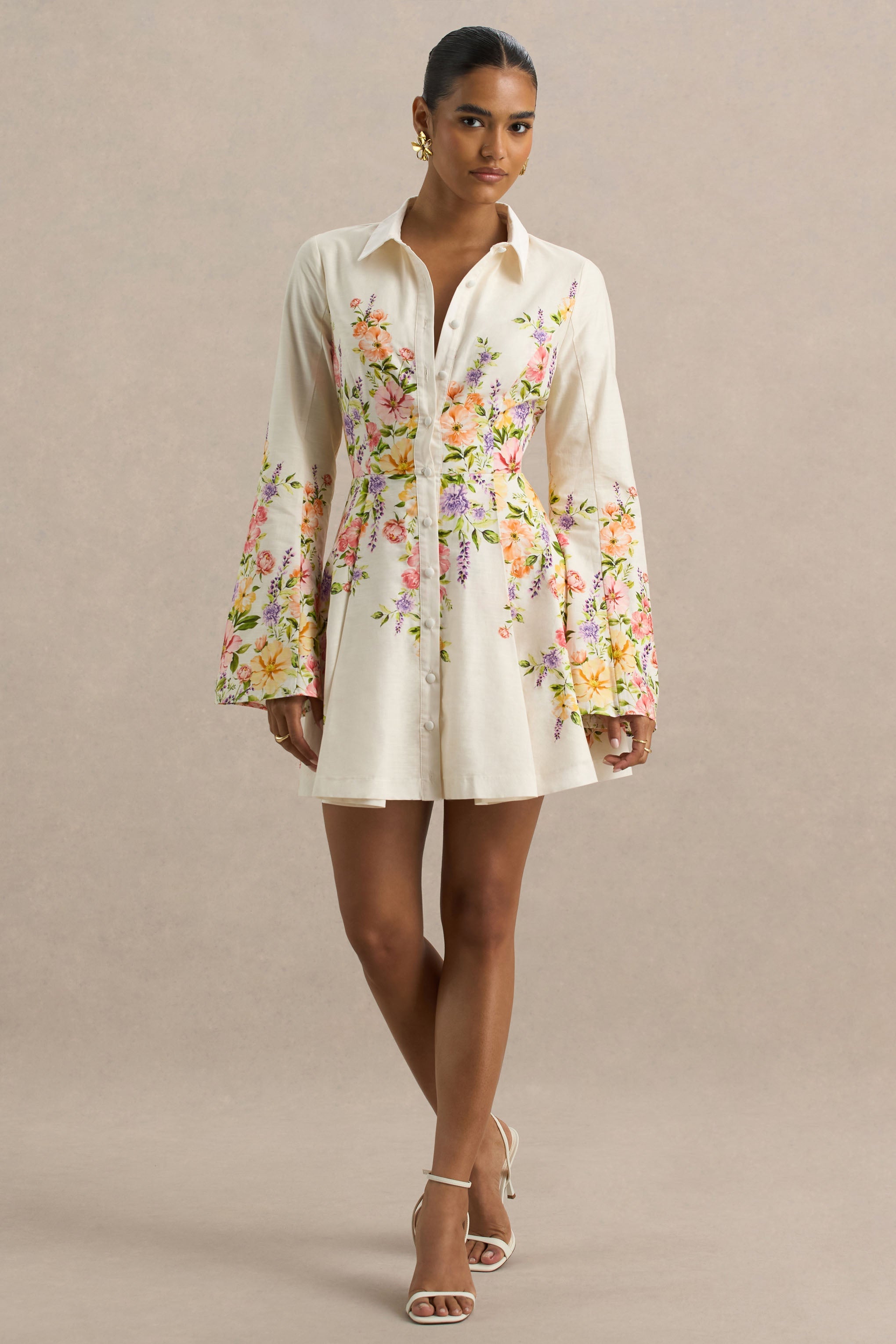 Alma | White Floral Border Print Shirt Mini Dress With Fluted Sleeves
