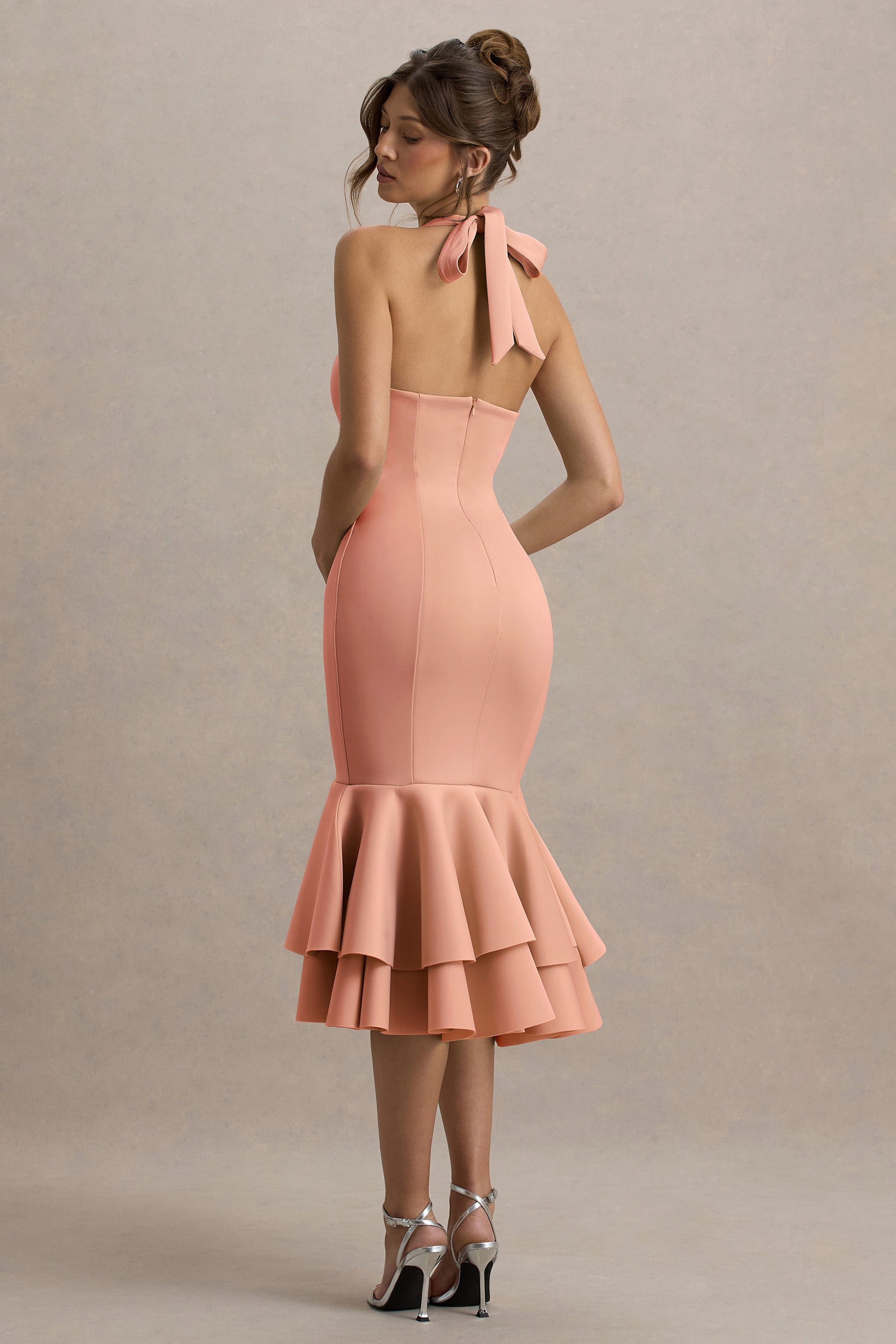 Arla | Pink Halter Neck Ruffle Trim Midi Dress