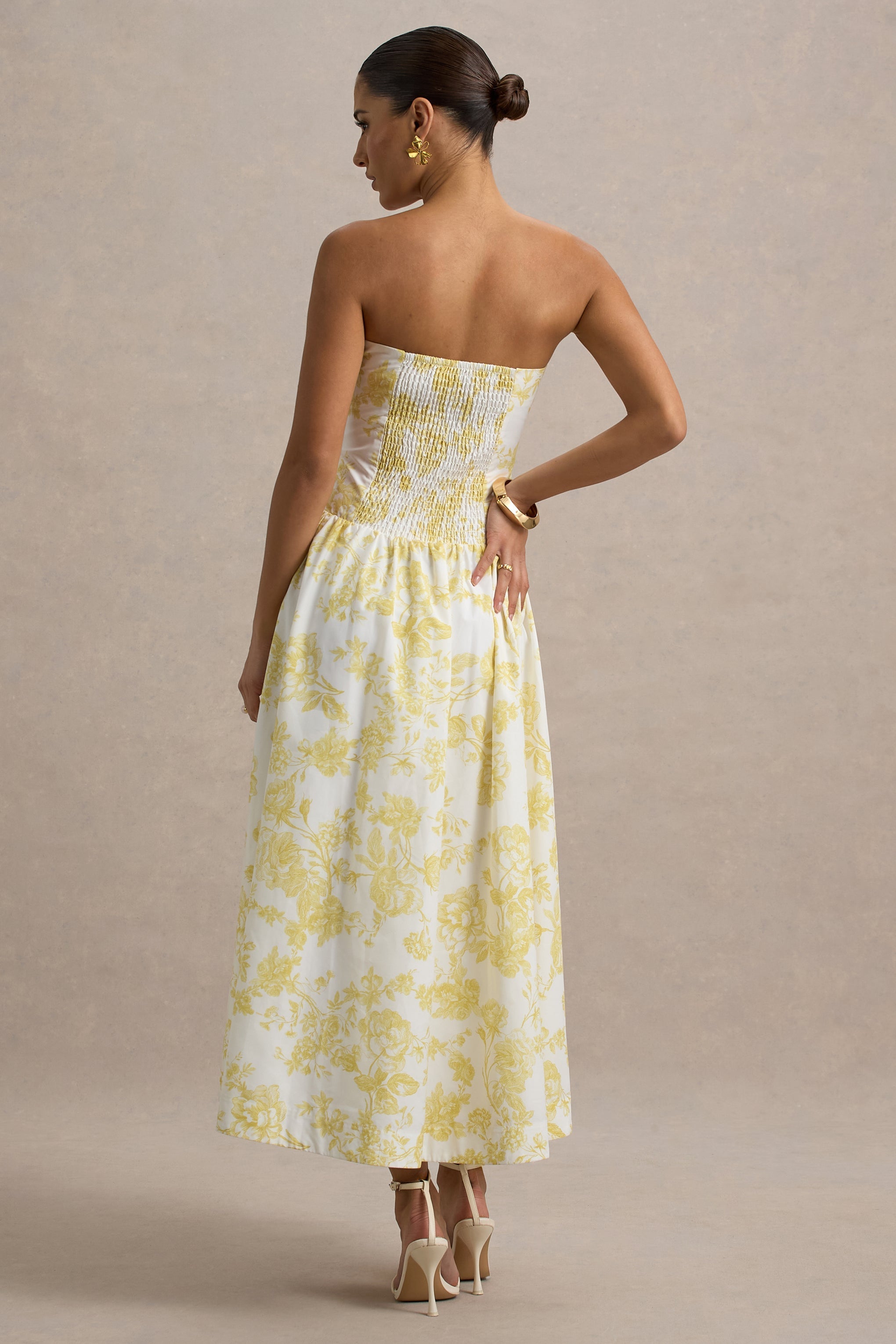Bluebell | Lemon Porcelain Print Poplin Bandeau Drop-Waist Midi Dress