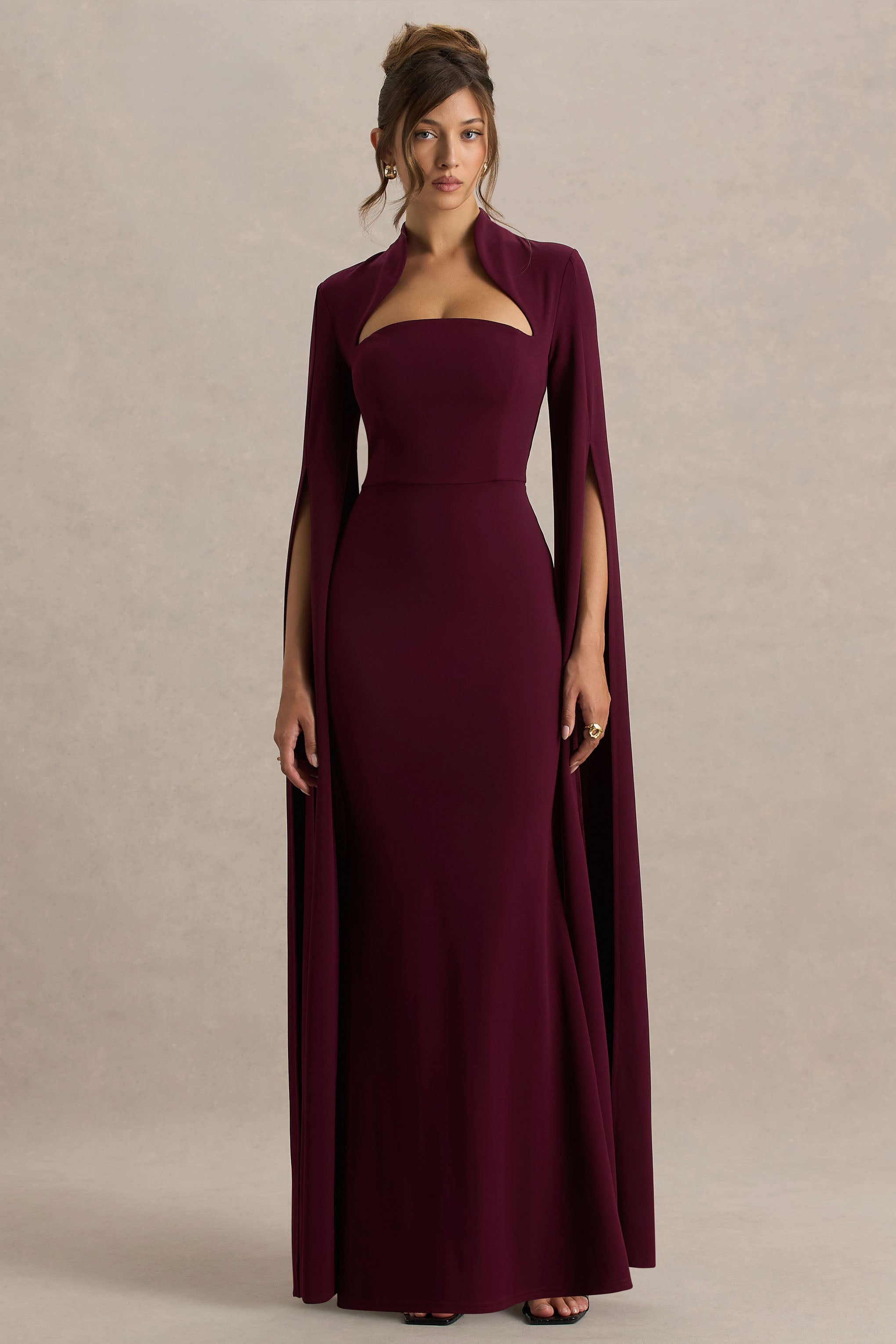 Esme | Burgundy Square-Neck Maxi Dress With Cape Sleeves