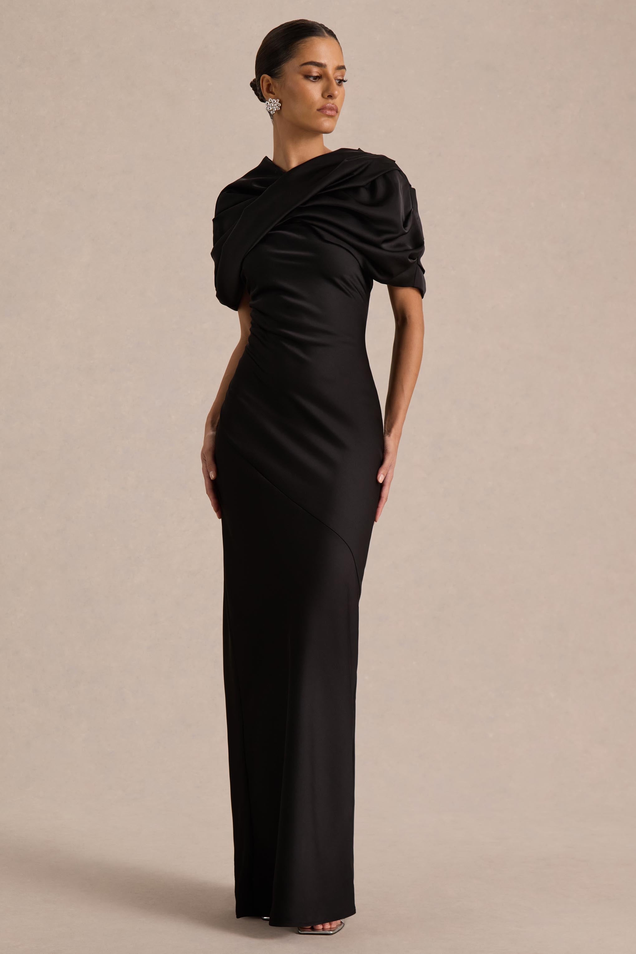 Yoli | Black Satin Maxi Dress With Removable Twist-Cape