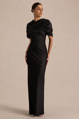 Yoli | Black Satin Maxi Dress With Removable Twist-Cape