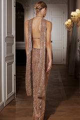Anele | Gold Sequin High-Neck Maxi Dress With Sash And Open-Back