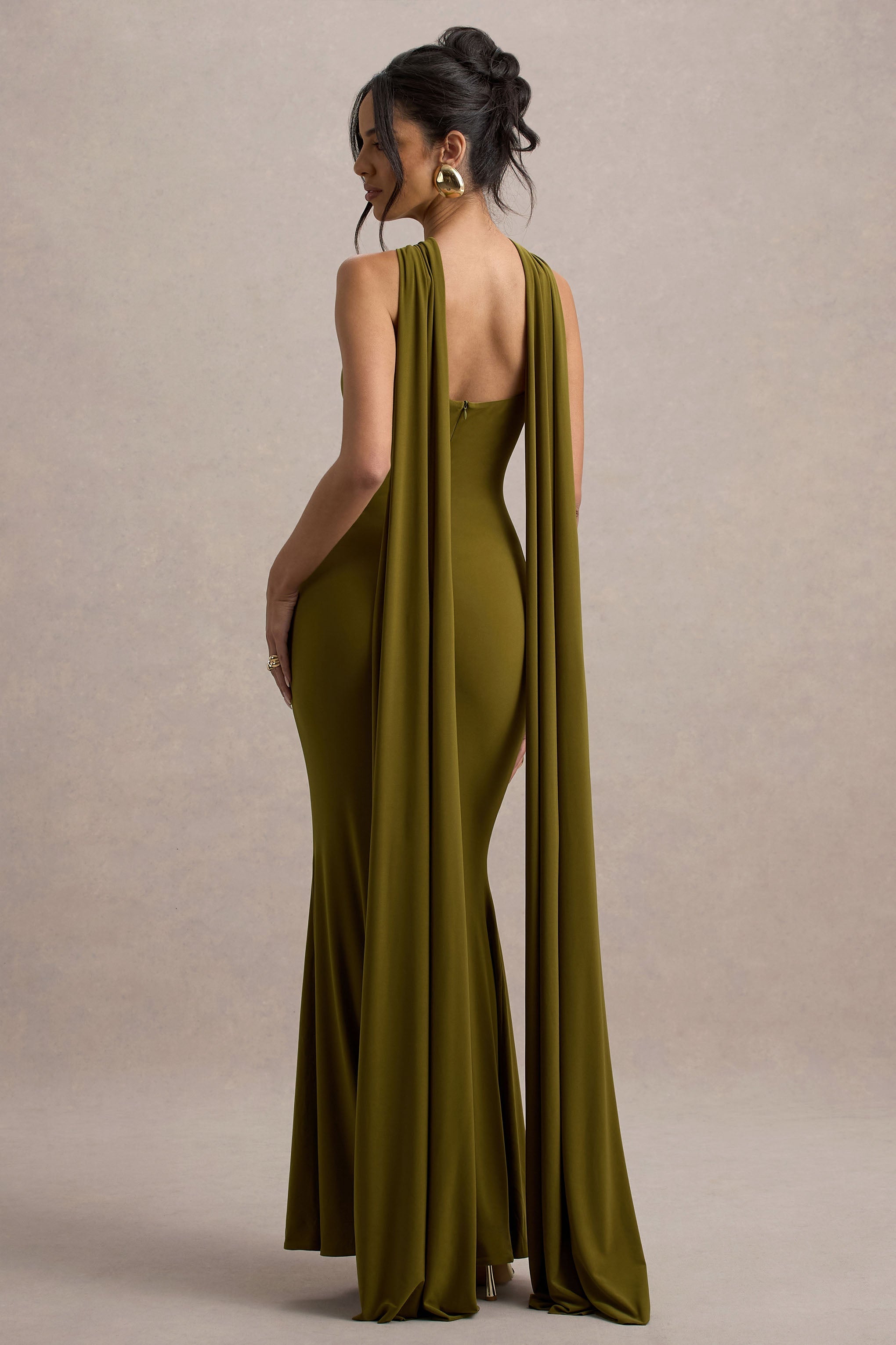 Rhoda | Green Twist Halter-Neck Cape Maxi Dress