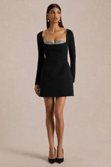 Martha | Black Embellished Sweetheart-Neck Mini Dress