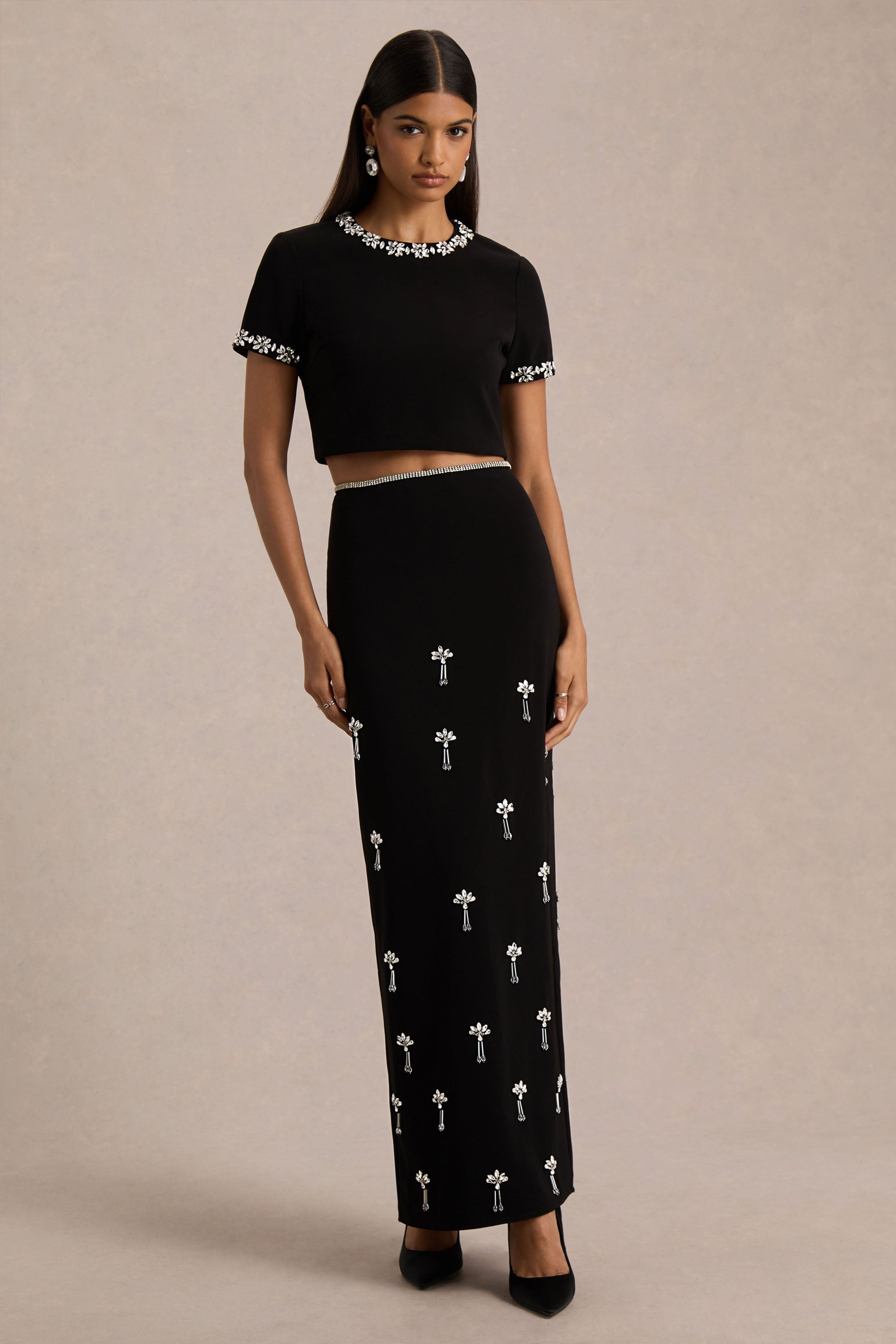 Aven | Black Hand-Embellished Maxi Skirt