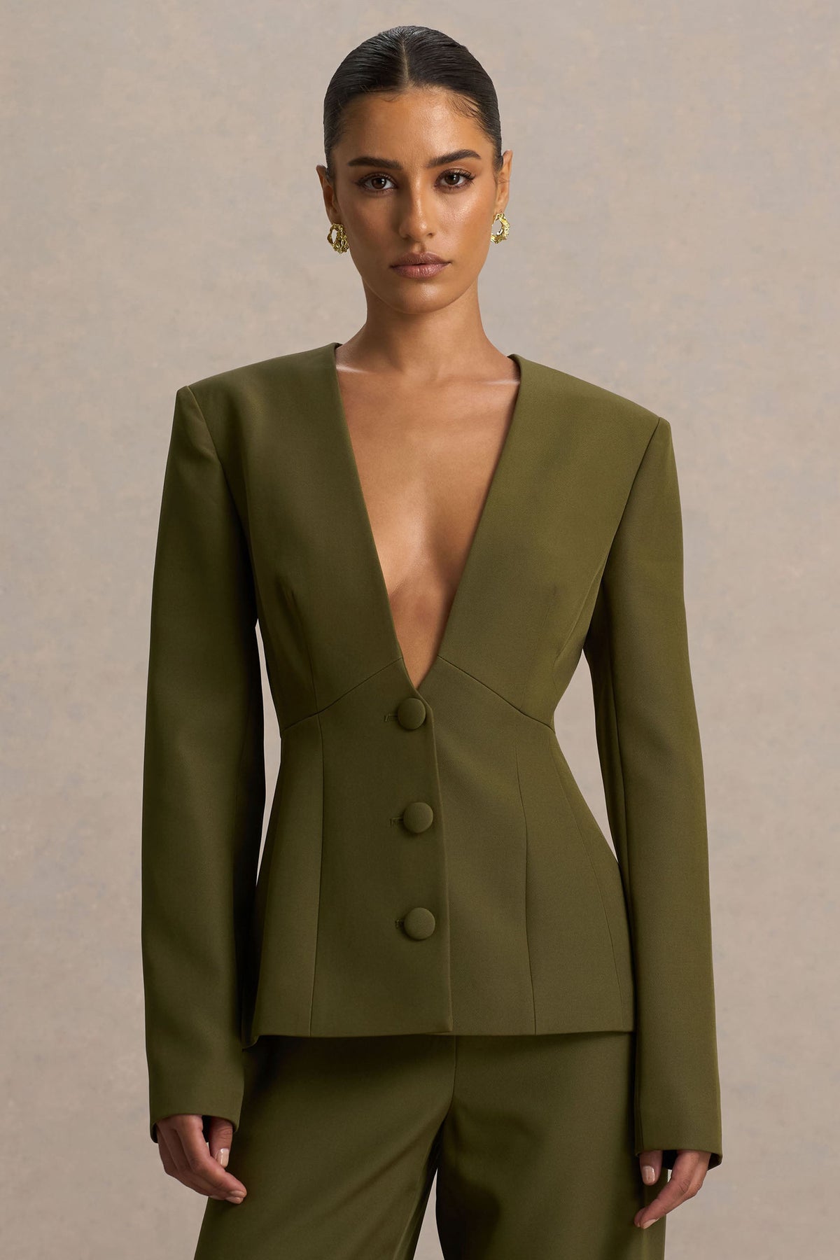 Rosalina | Olive Extreme-Plunge Neck Tailored Blazer