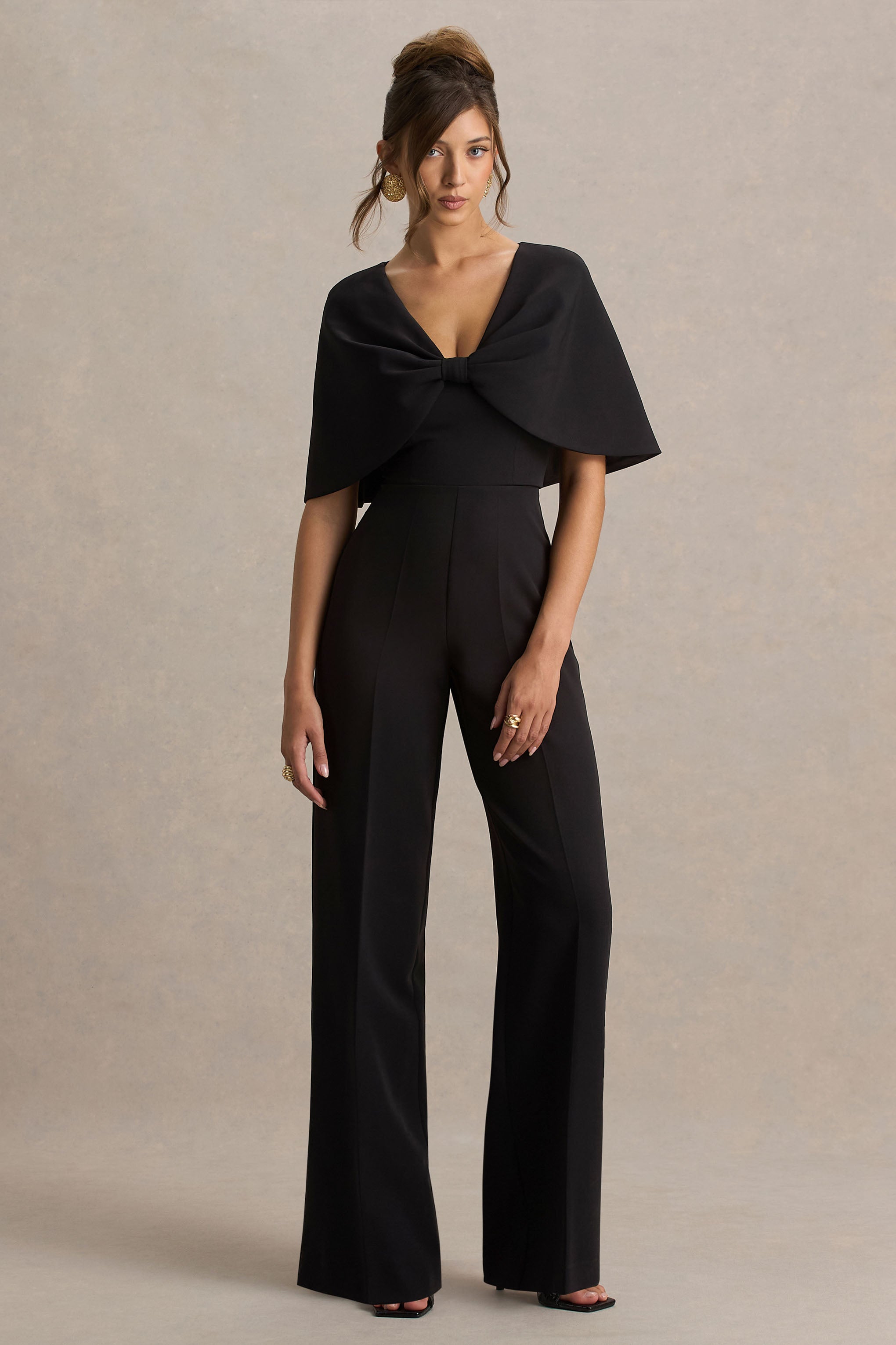 Vivid | Black Plunge-Neck Jumpsuit With Bow-Detail