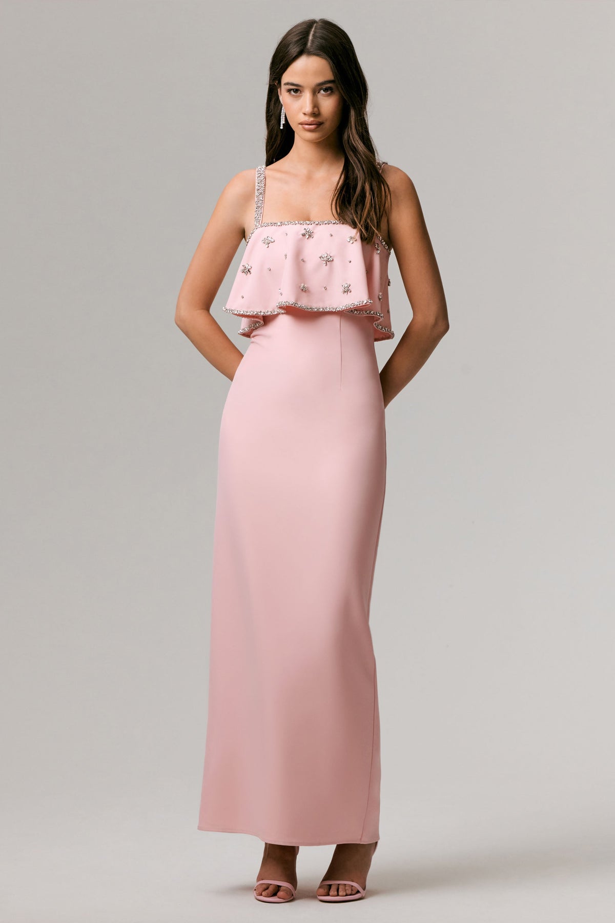 Scarlet | Pale Pink Square-Neck Embellished Maxi Dress