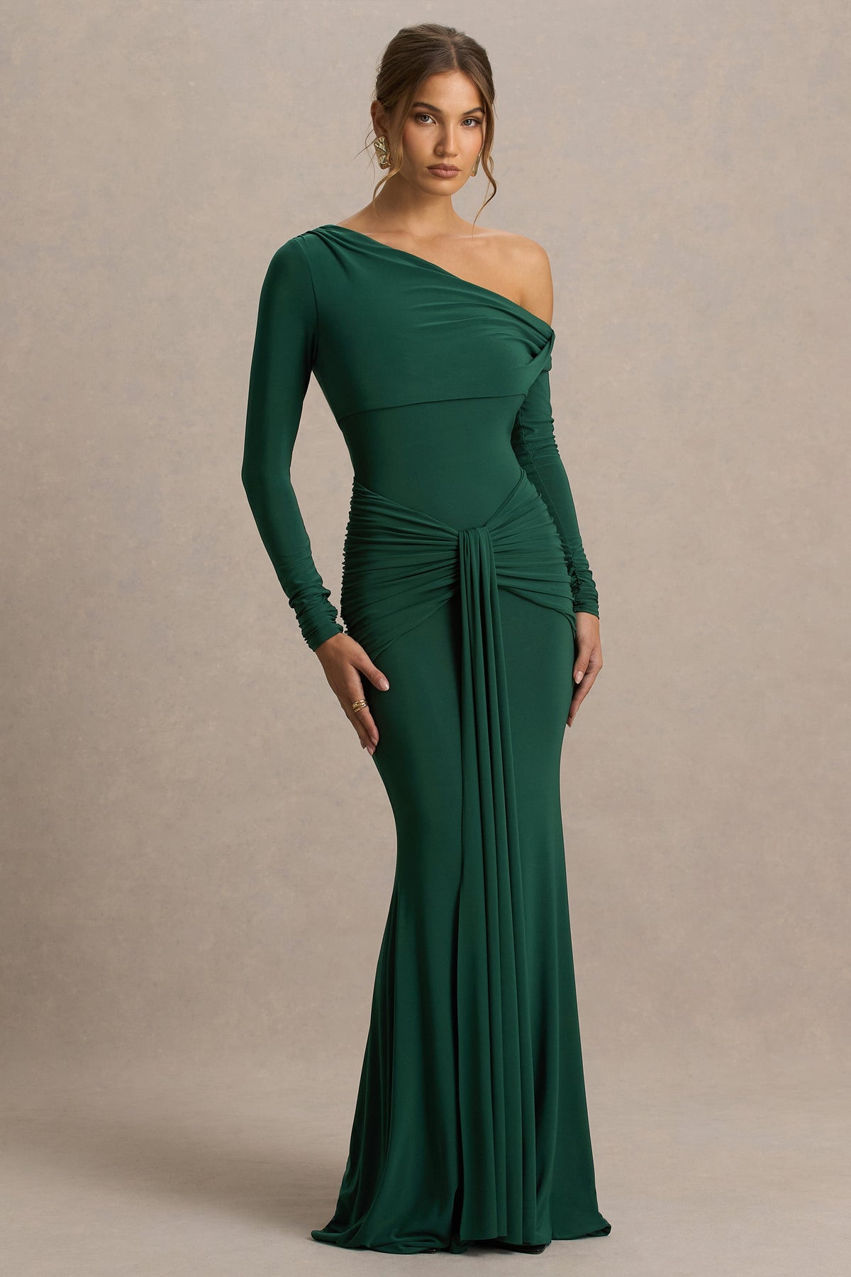 Clover | Dark Green Asymmetric-Neck Wrapped Maxi Dress With Sash