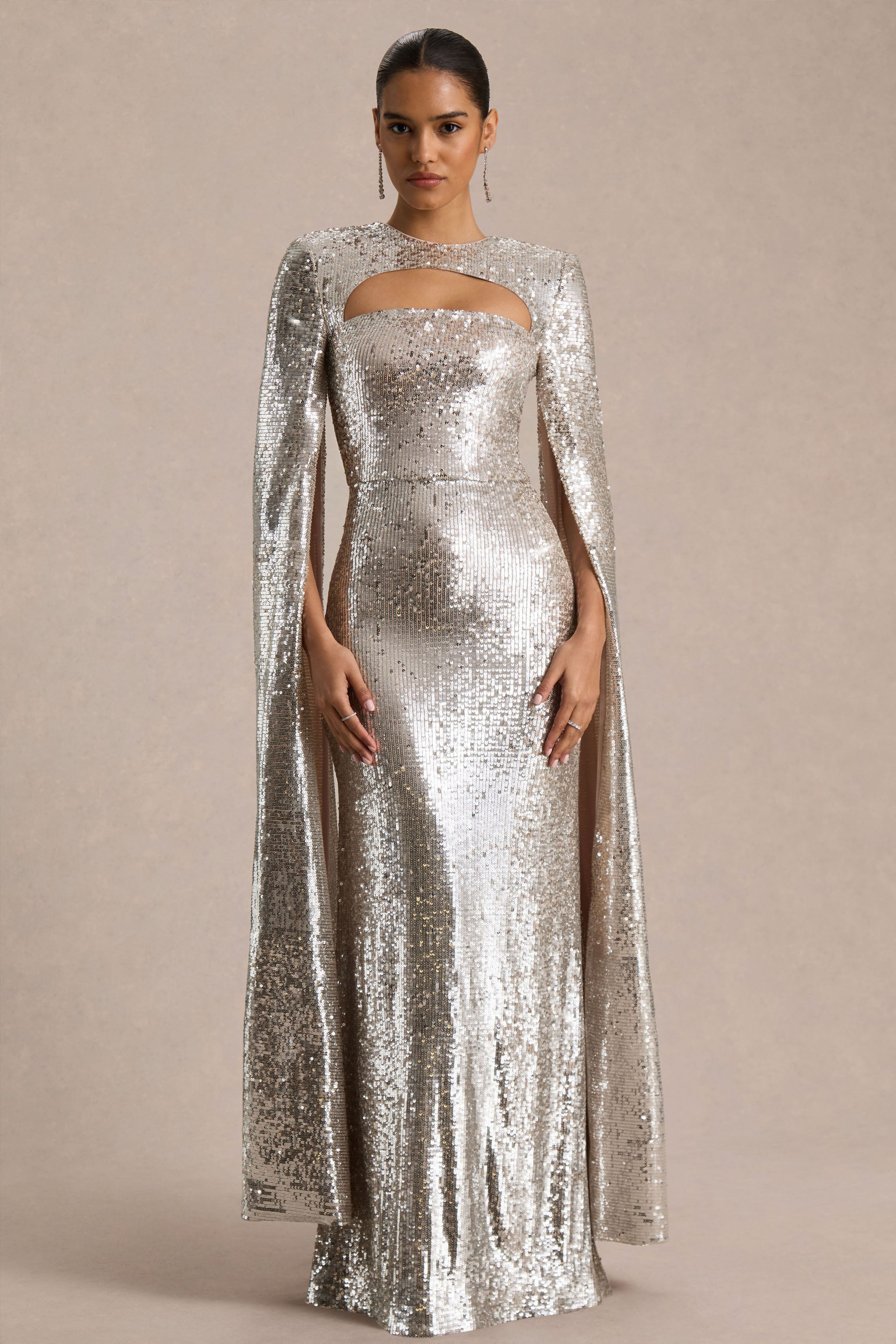 Devora | Silver Sequin Crew-Neck Maxi Dress With Cape Sleeves