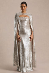 Devora | Silver Sequin Crew-Neck Maxi Dress With Cape Sleeves