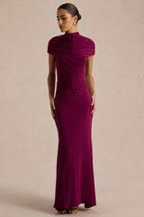Azaria | Burgundy High-Neck Maxi Dress With Ruched Detailing