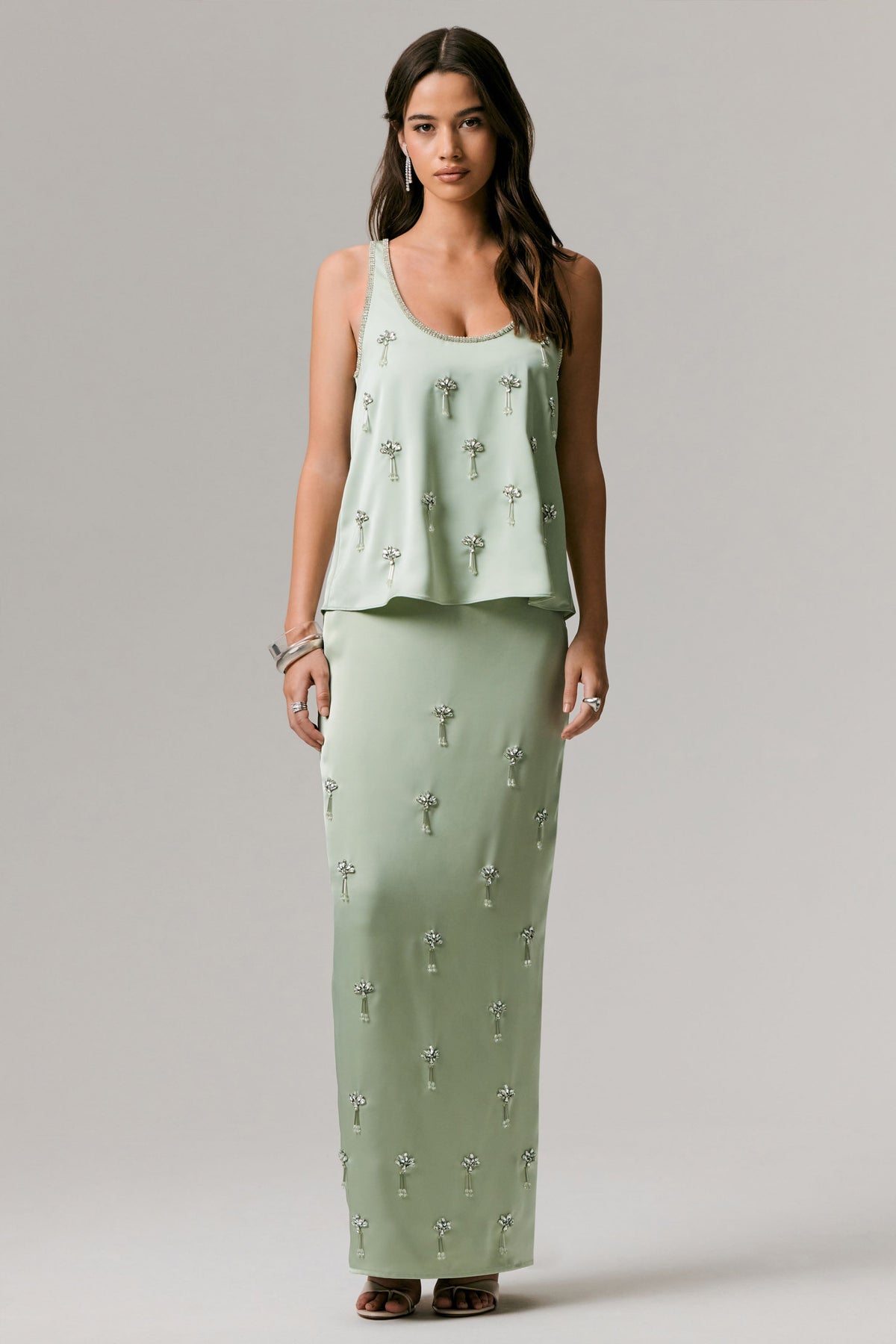 Lena | Mint Satin Embellished Maxi Skirt
