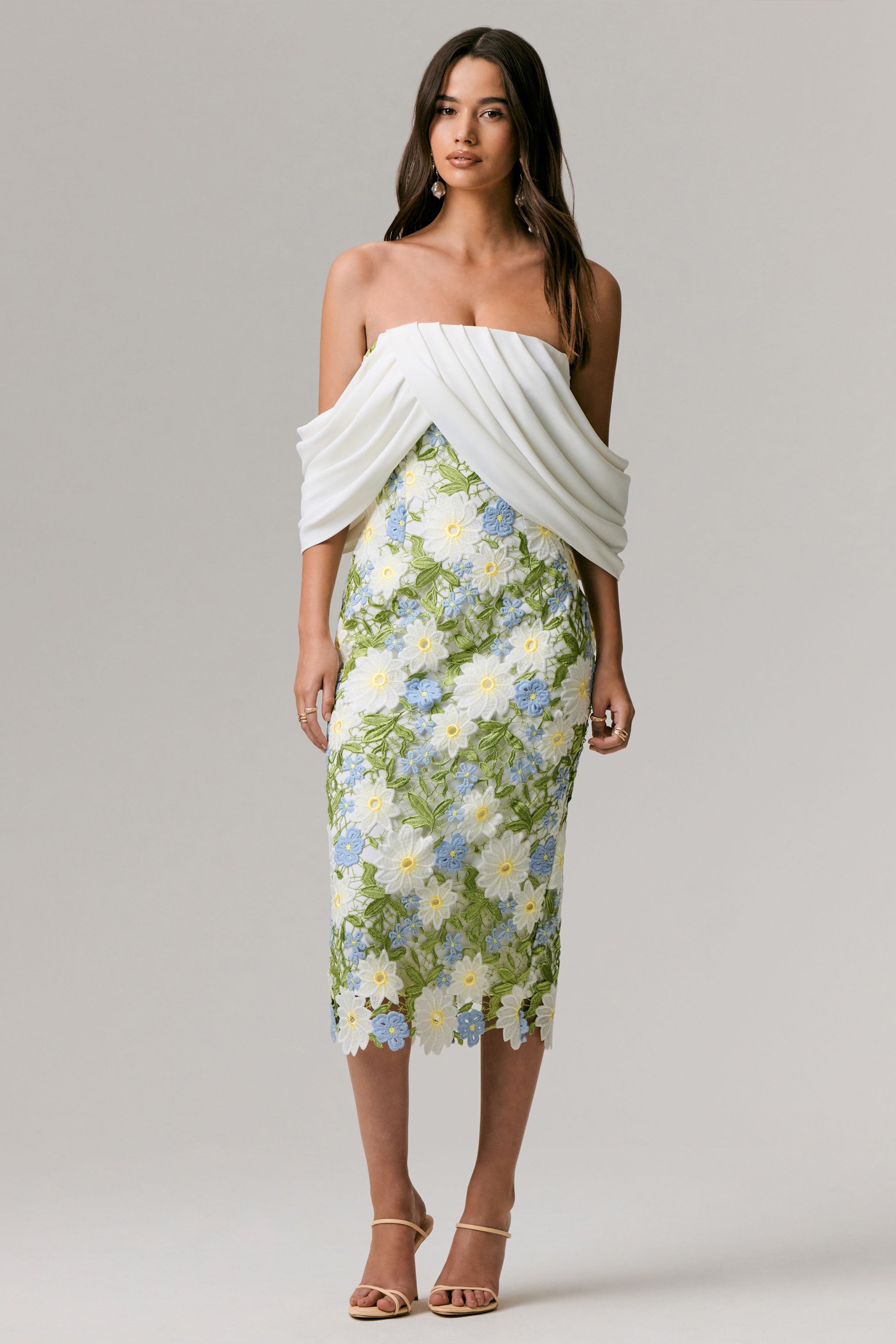 Entitled | Cream Floral Lace Bardot Midi Dress