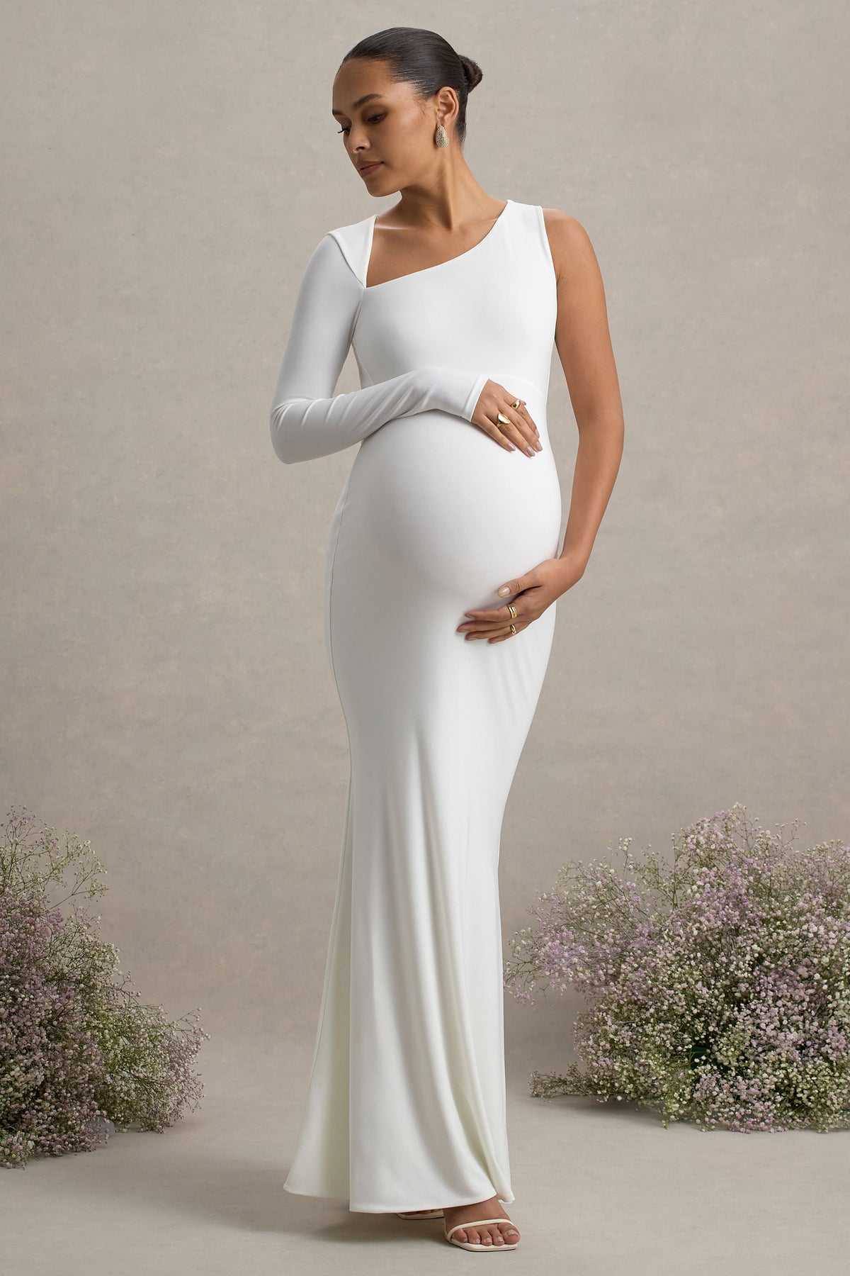 Oh Baby | White Maternity One Shoulder Bodycon Maxi Dress
