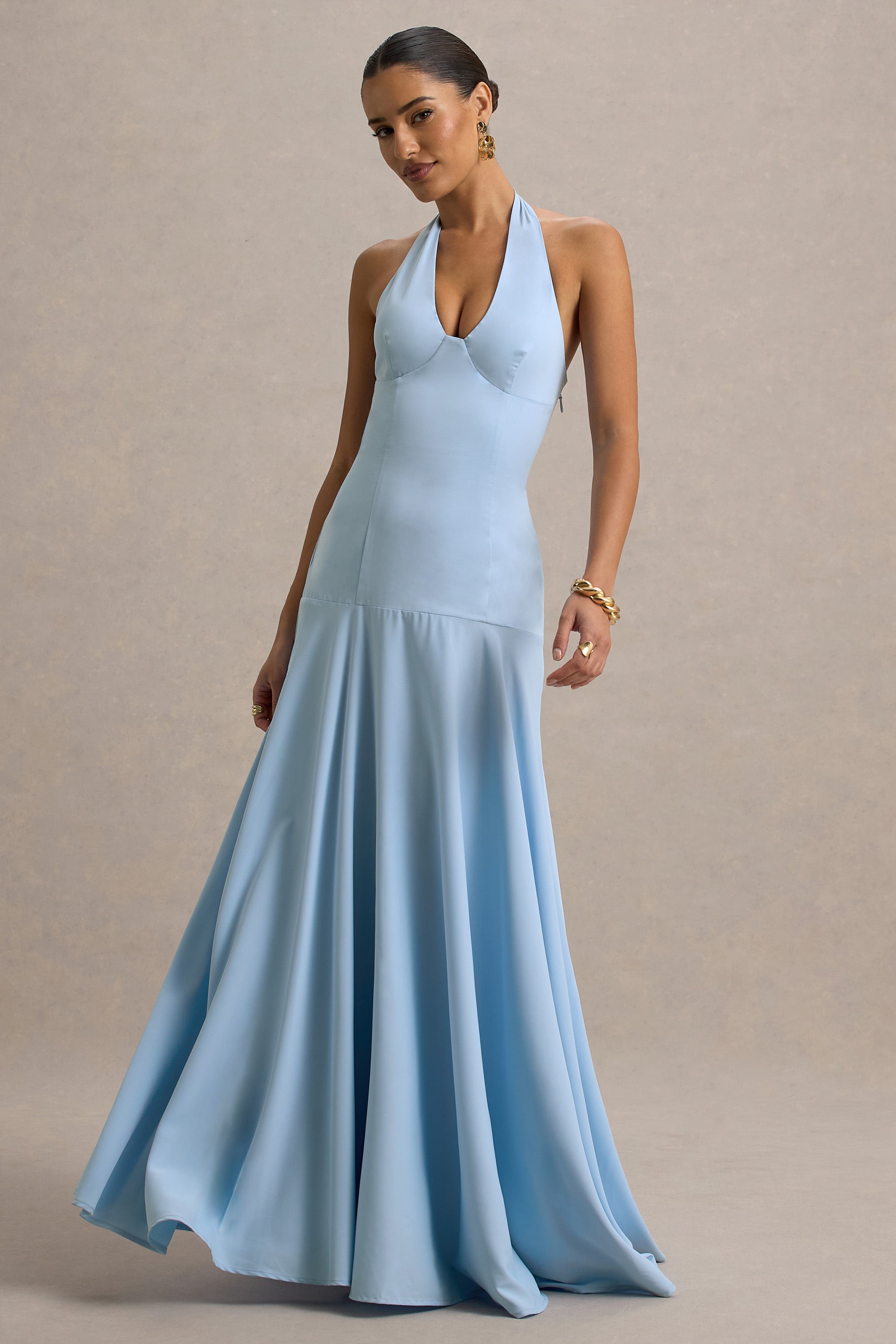 Ginevra | Powder Blue Halter-Neck Slip Maxi Dress