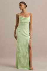 Maddie | Light Green Floral Print Satin Cowl-Neck Maxi Dress