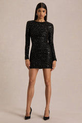 Mercedes | Black Sequin Boat-Neck Mini Dress With Draped Detail And Open Back