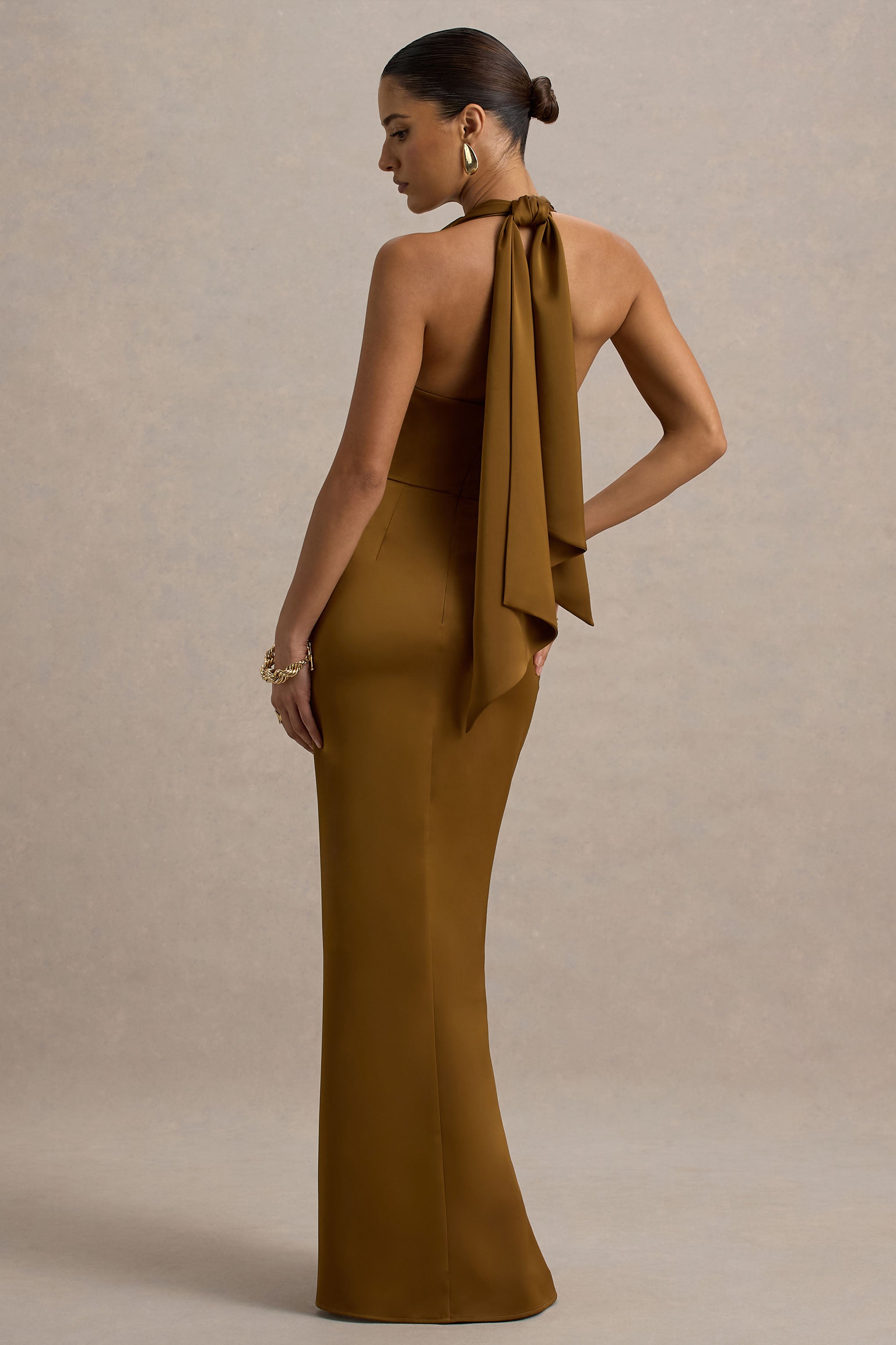 Lynette | Olive Satin Plunge-Neck Maxi Dress With Asymmetric Hem