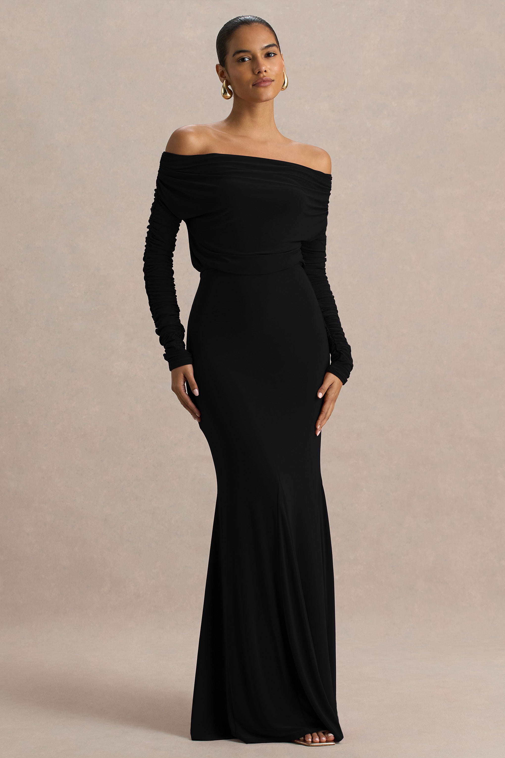 Cilla | Black Bardot-Neck Maxi Dress With Ruched Detailing