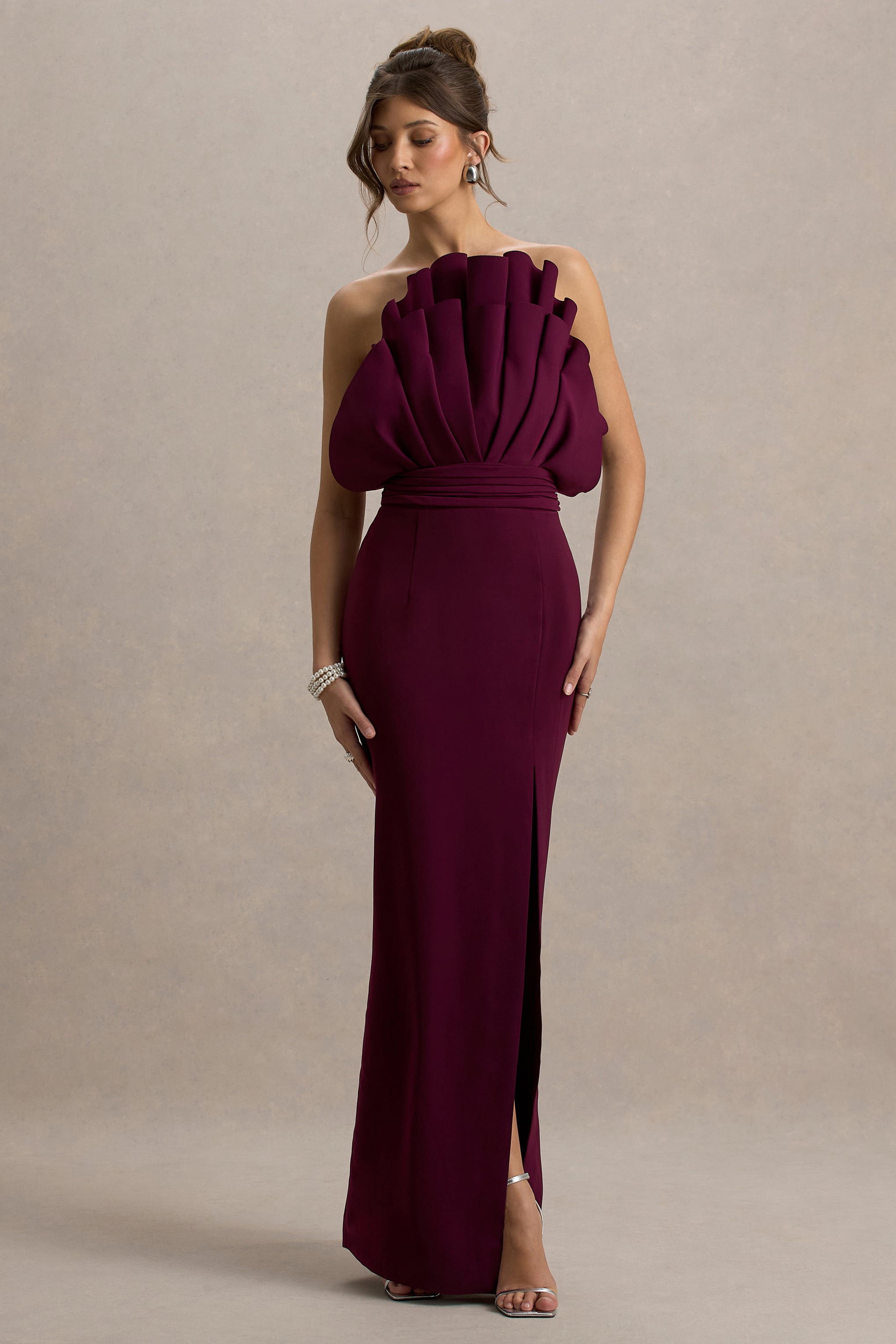 Set The Bar | Plum Ruffled Strapless Split Maxi Dress