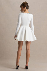 Astonish | White Long-Sleeve Embellished Square-Neck Mini Dress With Volume Skirt